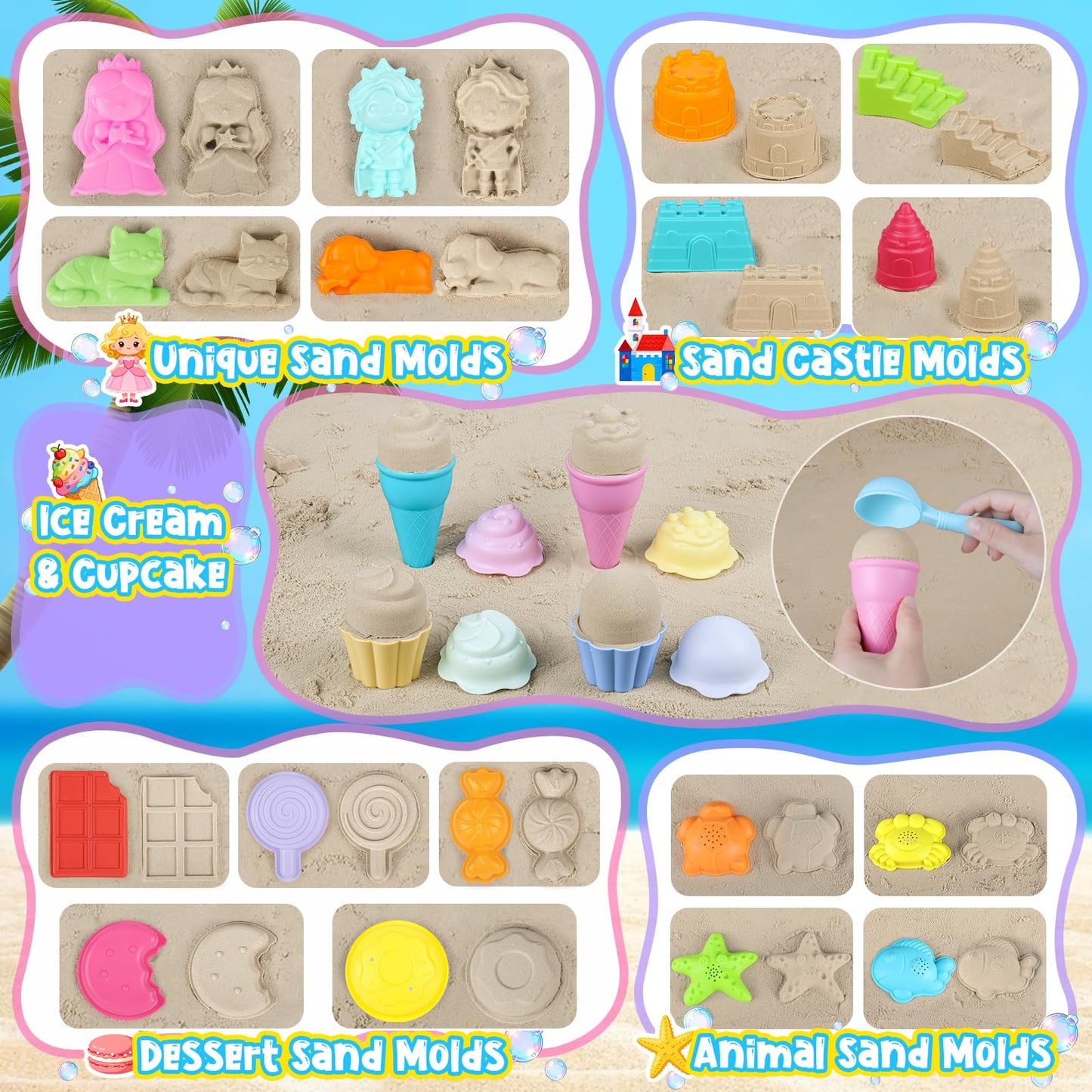 EULRGAUS Beach Toys, 36 PCS Sand Toys with Construction Vehicles, Collapsible Bucket, Princess & Prince and Ice Cream Toys, Sand Castle Building Kit, Beach Shovel, Beach Games for Kids, Boys and Girls