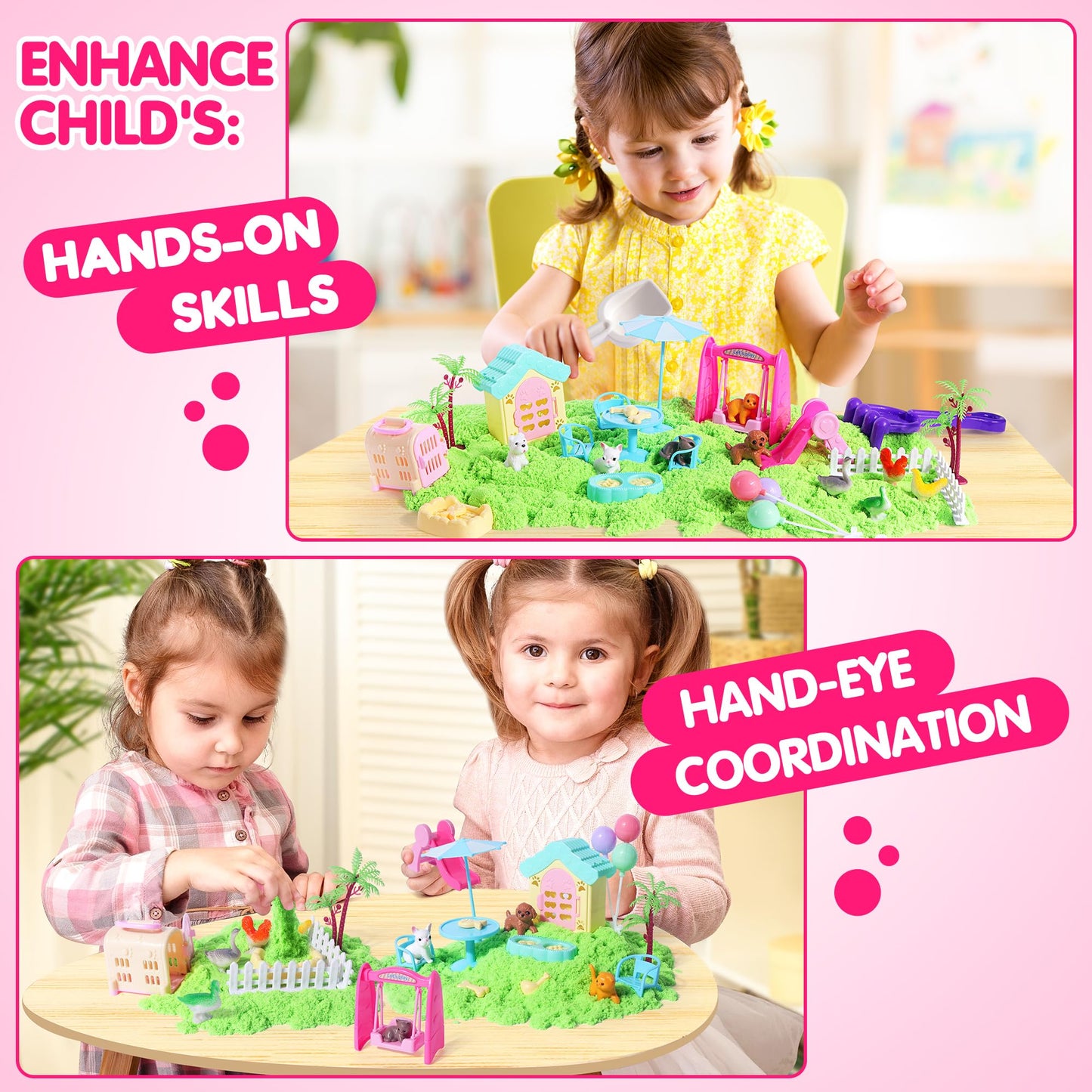Billeeit Pet Sensory Bin Sand Toy with 2.2lbs Green Moldable Sand, Dog ＆ Cat Play Sand Kit for Boys and Girls Including 28pcs Accessories Total, Sand Box Toys Gift for Kids 3+ Indoor Creativity