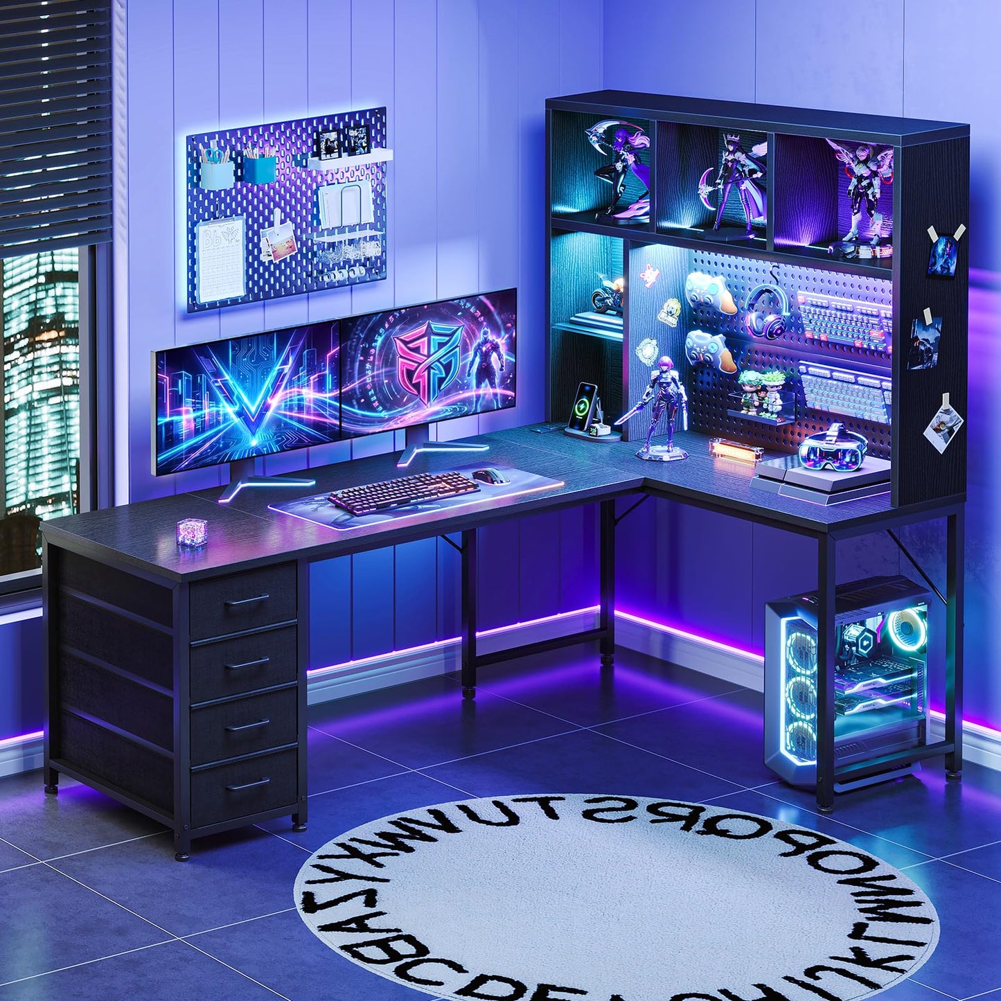 AODK 63" L Shaped Gaming Desk with Hutch, Storage & Shelves, L Shaped Desk with 4 Drawers, Inserted LED Light Strip & Power Outlets, Computer Desk with Pegboard for Entertainment, Office Desk, Black