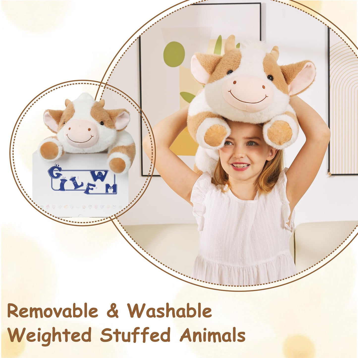 GILFWM Weighted Stuffed Animals Cow - 20.5" Cute Toy Pillow Plushie Gifts for Kids Boys Girls & Adults, 3 lbs Soft Washable Plush Pillowfort
