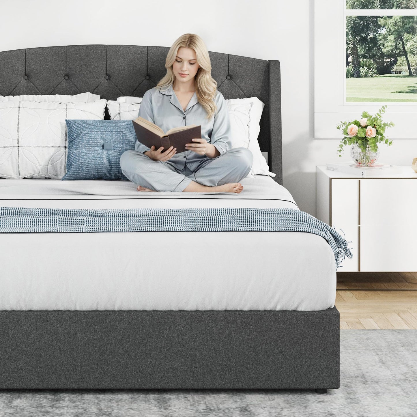 EGOHOME King Size Metal Bed Frame,Hydraulic Lift System and Modern Wingback Design,Heavy-Duty Steel Construction & 900lb Capacity,Effortless Assembly with Ratchet Wrench,No Box Spring Needed,Dark Grey