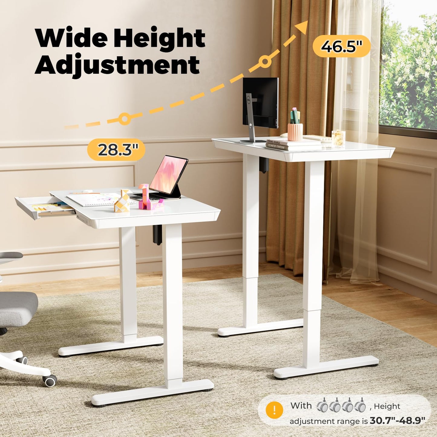 JYLH JOYSEEKER Glass Small Standing Desk with Drawer, 31.5" x 20" Whole Piece Electric Sit Stand Table, Height Adjustable Desk with Storage & USB Ports, Quick Install Home Office Computer Desk, White