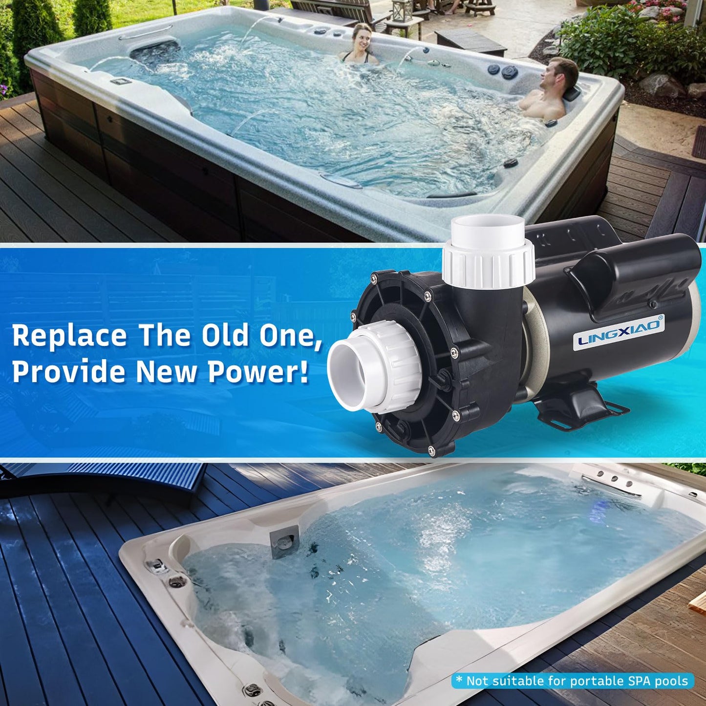 LINGXIAO SPA Pump, 2.5HP Hot Tub Pump - 48 Frame(Y) LX SPA Motor 2 Speed, 230V, 2" Port - (Model: 48WUA1502C-II)