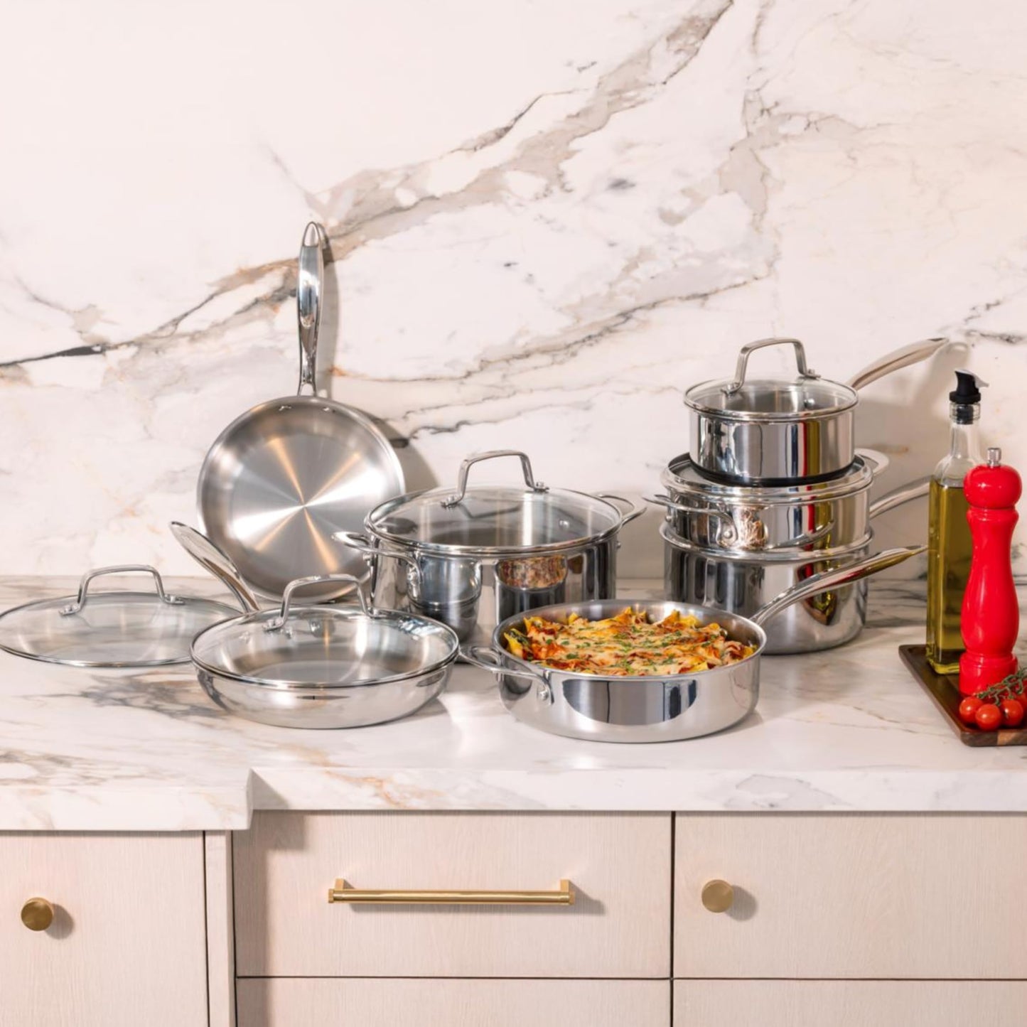 Lagostina 3 Ply Clad, 12-pc Cookware Set , Stainless Steel Pots and Pans, stay-cool cast stainless steel handles, tempered glass lids ,Induction safe, Oven Safe 500°F without the lids