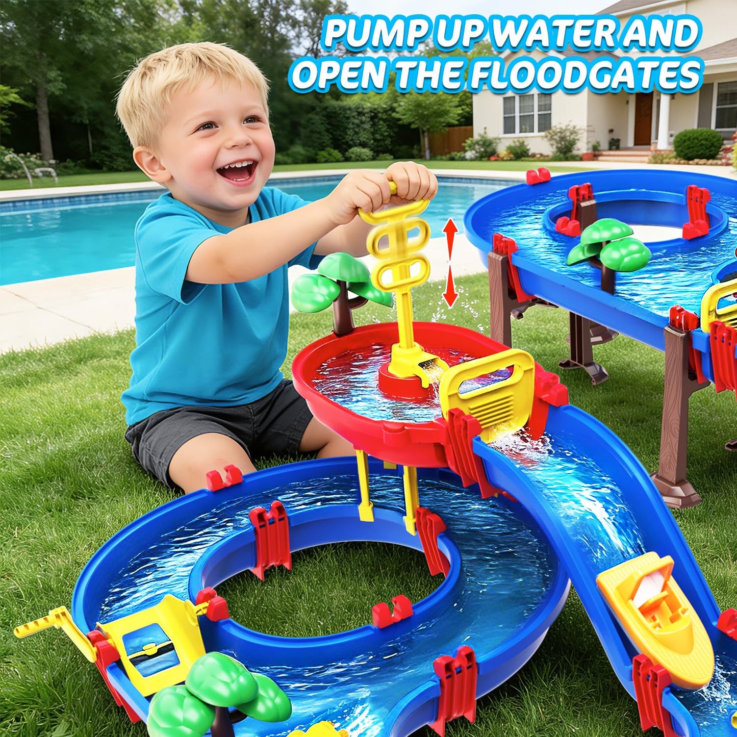 TERRAMUS 2-Tier Kids Watermill Water Table Toys, 124PCS Water Park Playset with Pump, Waterwheel, Summer Outdoor Water Toys Waterways for Backyard,Lawn,Beach,Pool,Gifts for Boys Girls Toddlers 3-5 4-8