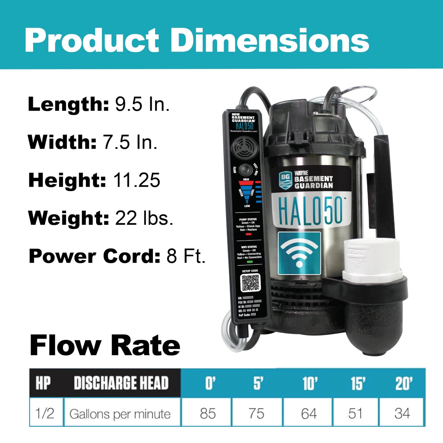 WAYNE HALO50 Smart Sump Pump – ½ HP Stainless Steel Basement Protection Pump, Up to 5,100 GPH – Digitally Connected Flood Protection with App Monitoring – Quiet Operation