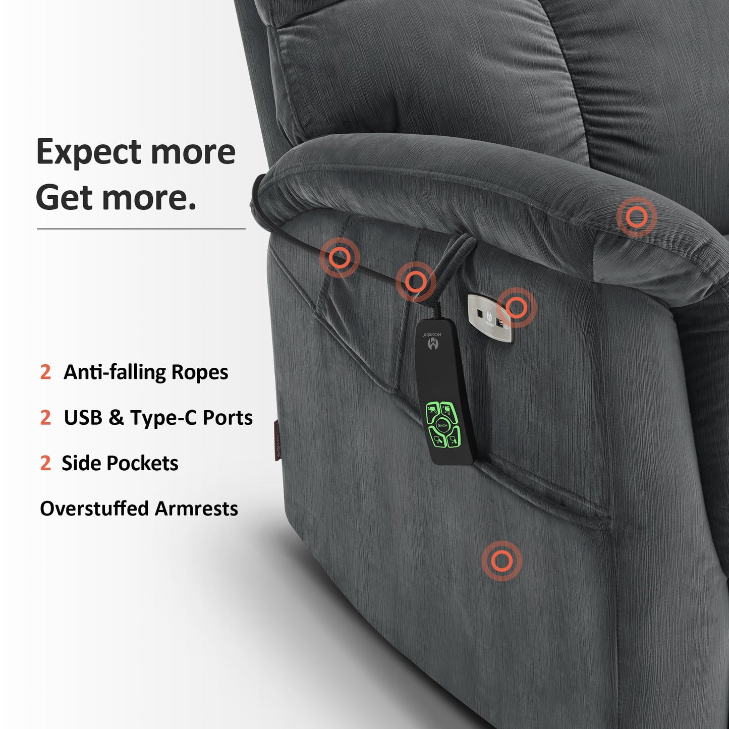MCombo Large-Wide Dual Motor Power Lift Recliner Chair, Massage and Dual Heating for Elderly People, Infinite Position, Fabric R7166 (Dark Grey)