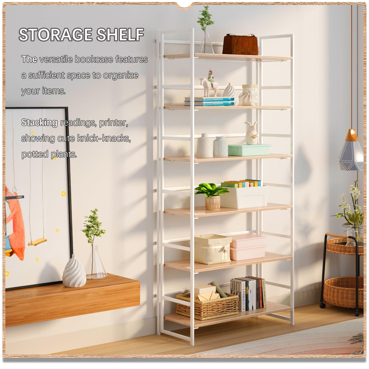 4NM No Assembly 6 Tiers Collapsible Book Shelves, 61.8" H Folding Bookshelf Bookcase Open Industrial Foldable Shelves for Bedroom, Living Room, Home Office - Natural White