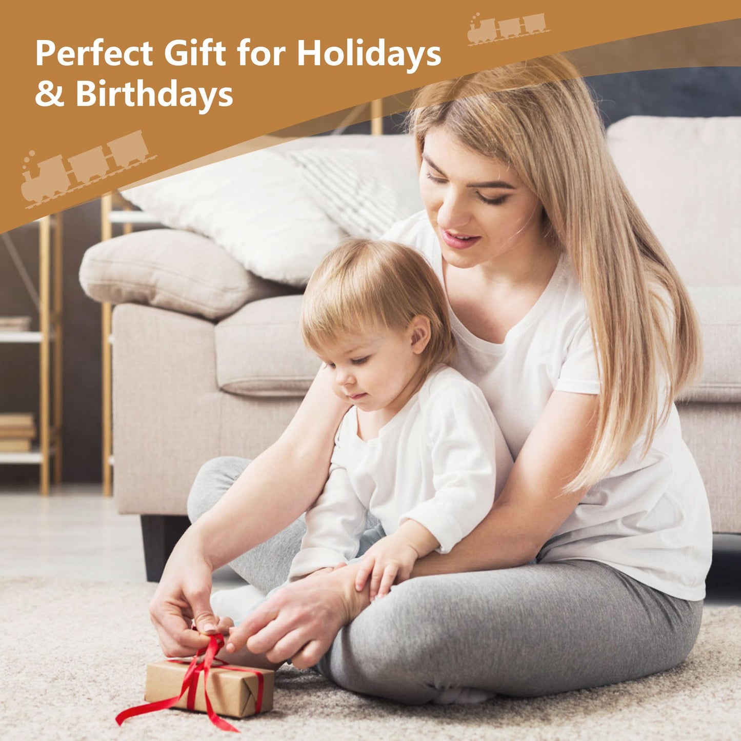 Miosea 32PCS Wooden Train Set for Toddlers, 10.6 by 8.66 Inch Compact Size Double-Side Tracks Expandable Montessori Toys Compatible with Educational Fine Motor Skills Toy for 3 Year Old Boys Girls