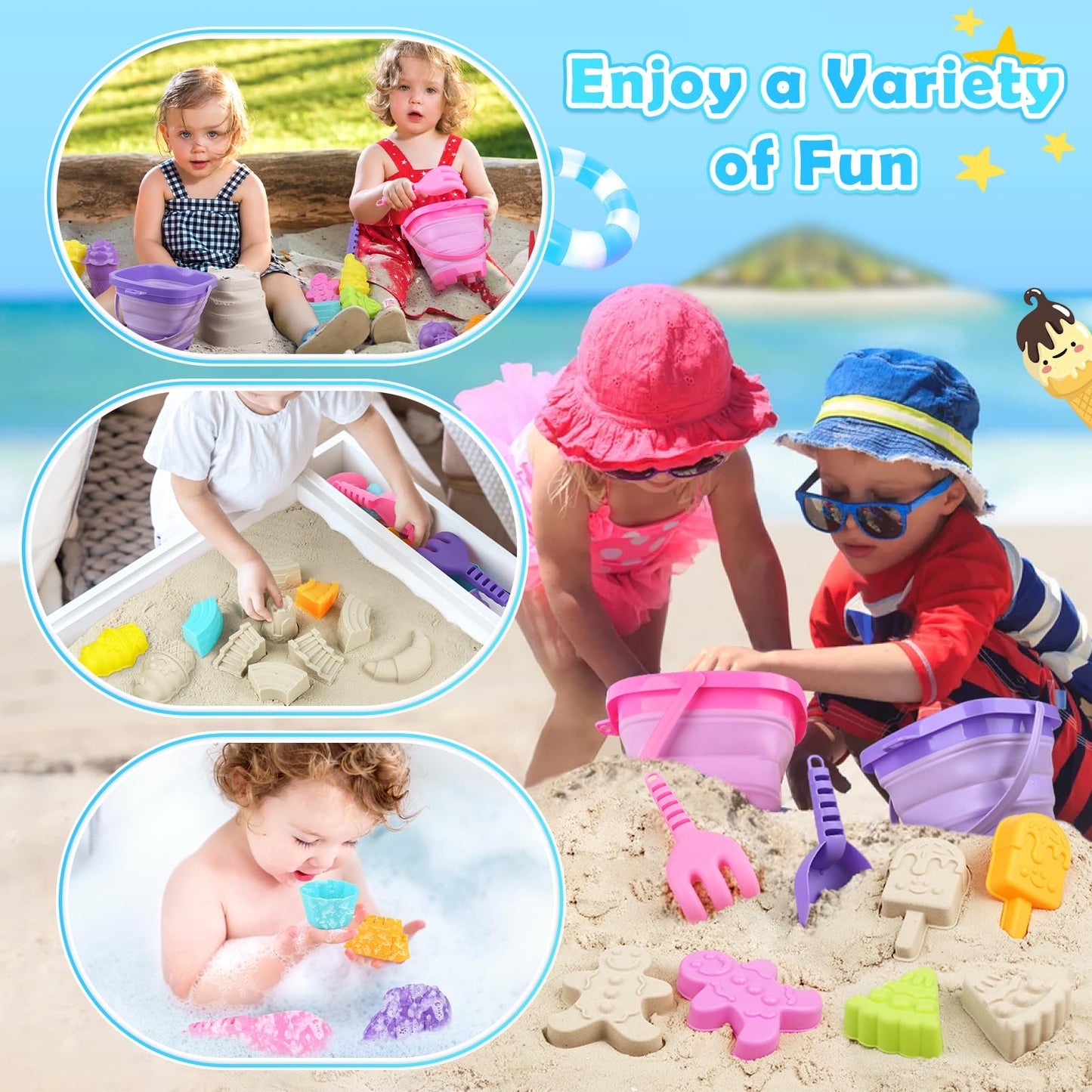Dreamon Collapsible Beach Toys Set for Kids 3-10, Collapsible Sand Bucket with Beach Molds and Mesh Bag, 2 Pack Shovels Set Ice Cream Sand Toys for Beach, Sandbox Travel Toys for Kids Toddlers Girls