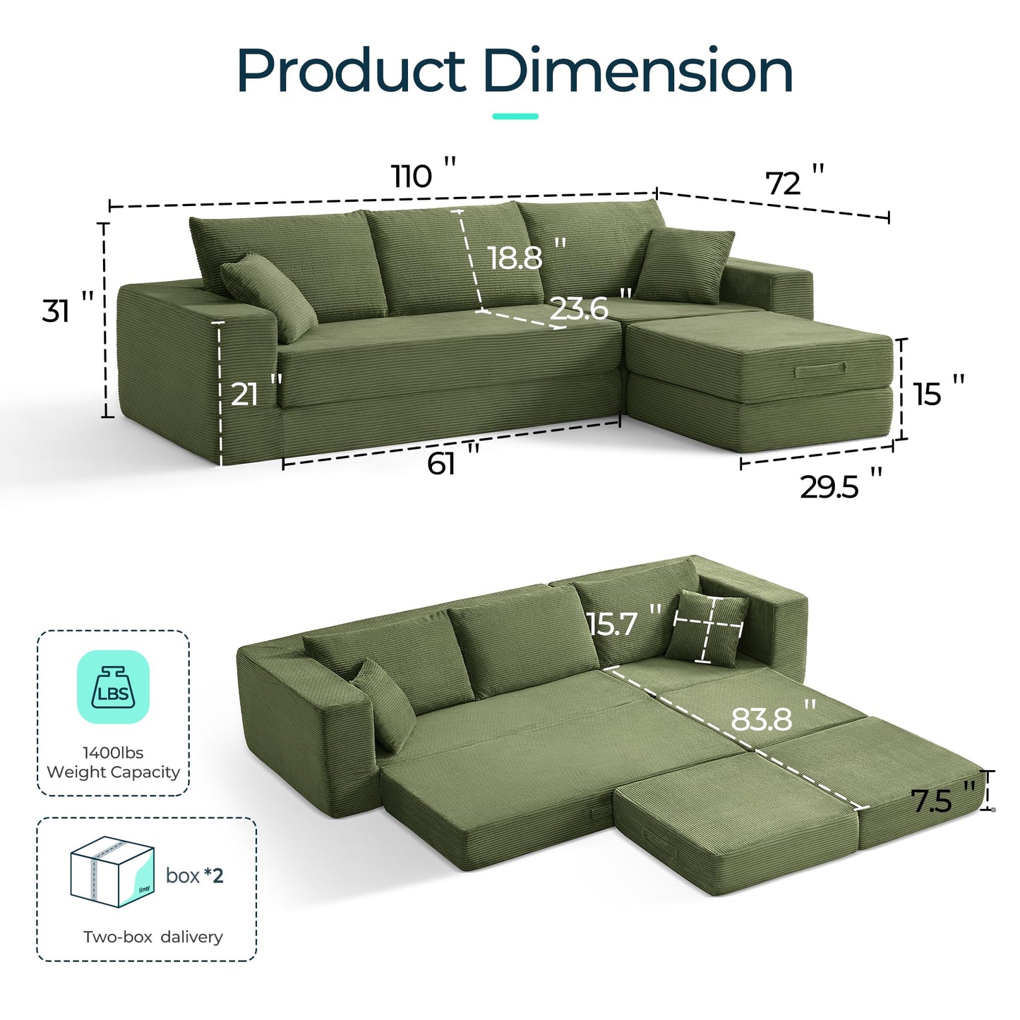 LINSY HOME Oversized Convertible Sofa Bed with 2 Pillows & Ottoman, Corduroy Boneless Couch Folding Modular Sleeper Sofa, L Shaped Couch Floor Sofa for Living Room Apartment, Upgrade Backrest (Green)