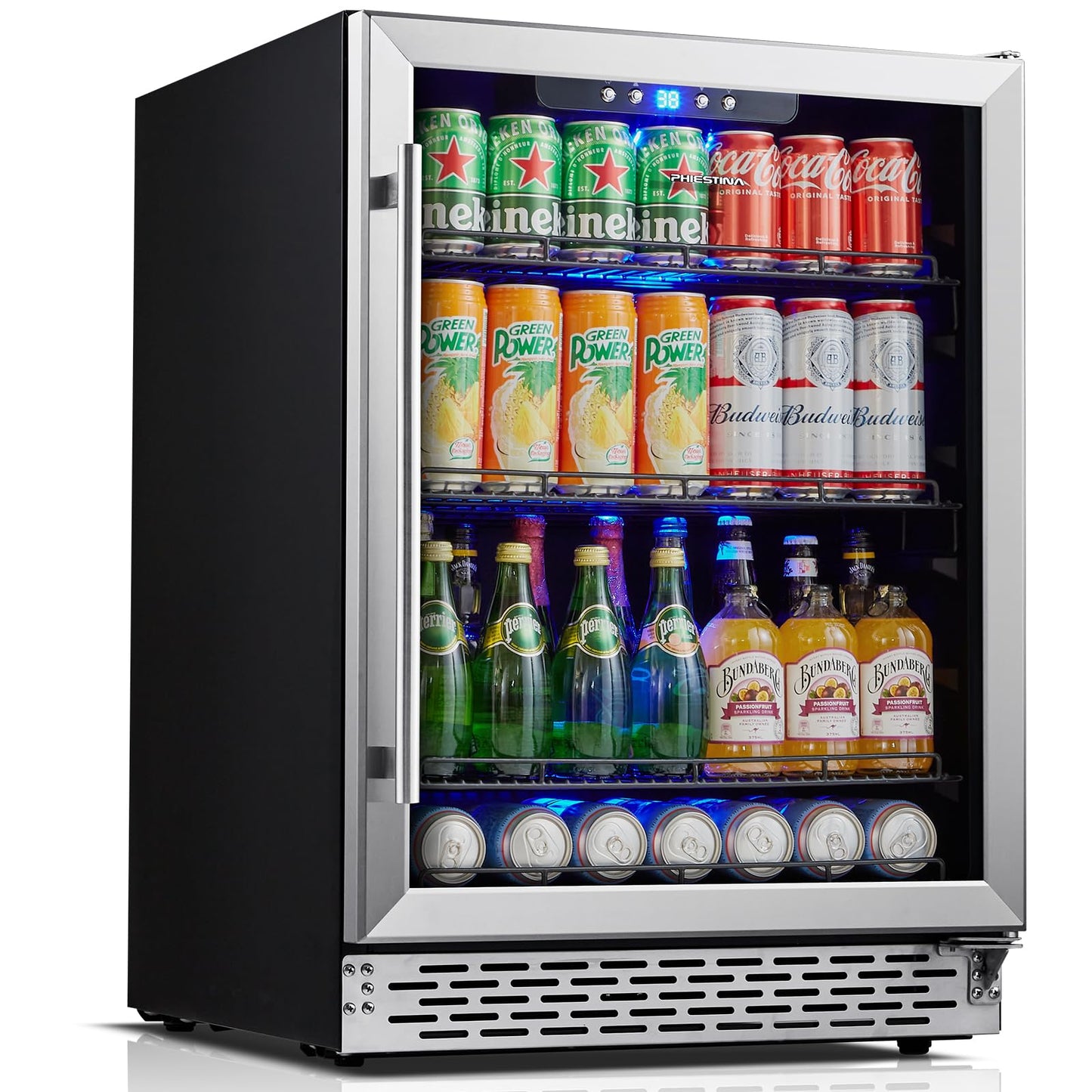 Phiestina Beverage Refrigerator 175 Cans Under Counter Beer Cooler 24 inch Quiet Built-in or Freestanding Beverage Fridge Glass Door Auto Defrost 5 Removable Shelves for Home Bar Office