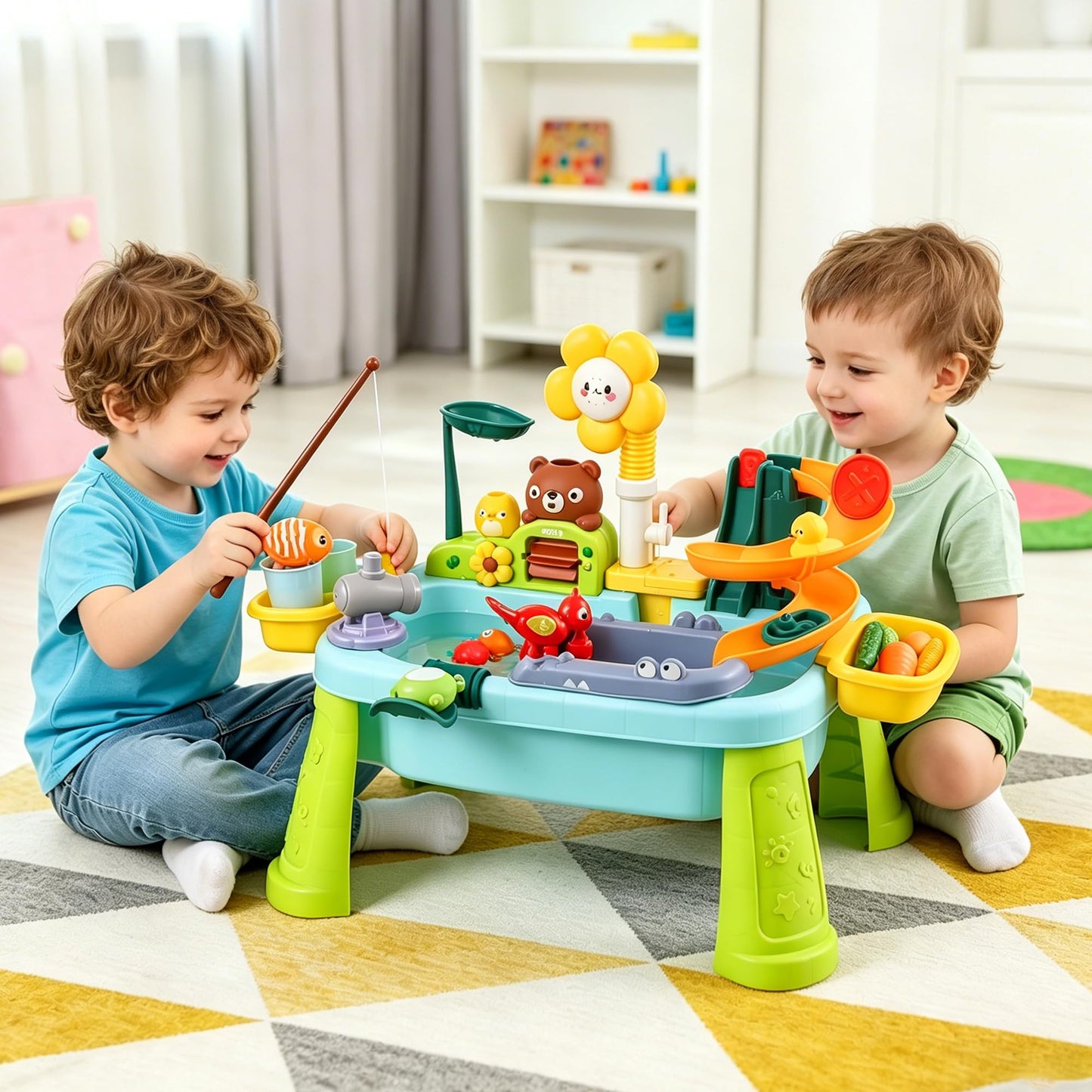 Upgraded Toddler Sand Water Table Toy with Electric Water Pump, Kids Sand Water with Faucet/Play Food Accessories/Fishing Toy, Kitchen Play Sink Toys for Girl Boy Age 3+ (Blue-Sunflower)