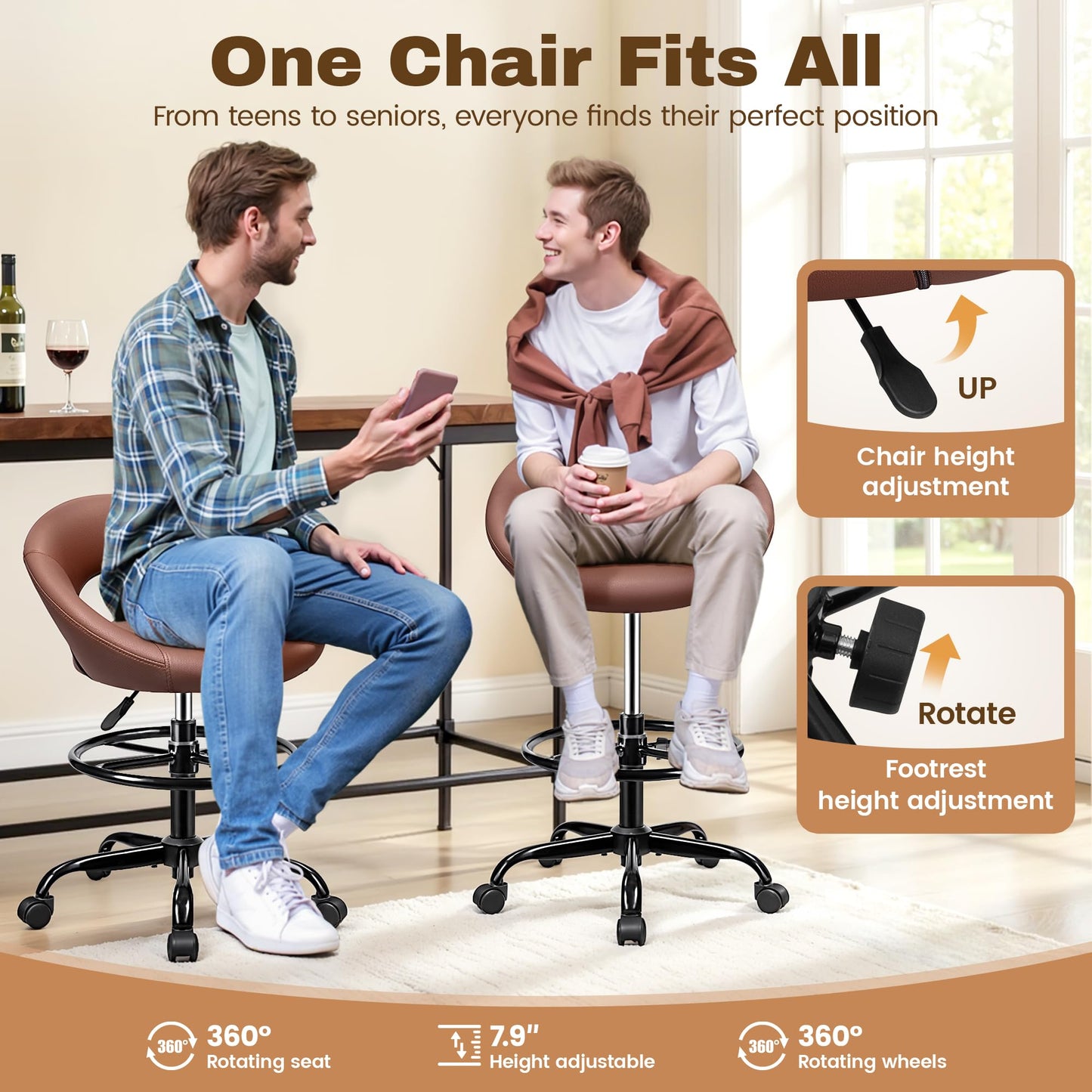 BESTFAIR Drafting Chair with Back, Height Adjustable Rolling Stool with Foot Rest, Tall 360° Swivel Stool PU Leather Chair with Wheels for Home Office, Standing Desk, Brown