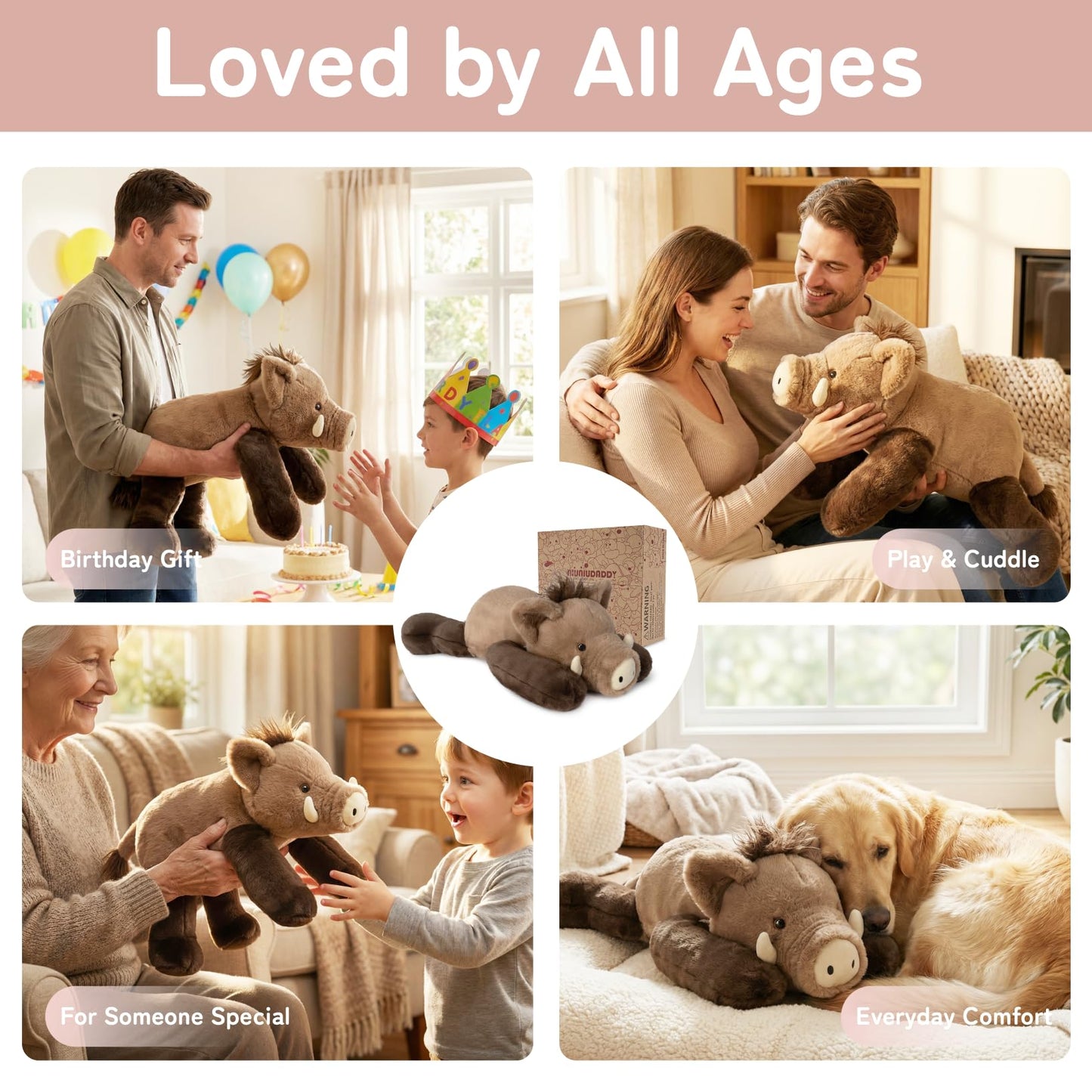 Niuniu Daddy Weighted Wild Boar Stuffed Animal for Kids & Adults, 20 Inch 3.3lb Large Plush Toy with Soft Fur, Weighted Plushies Pillow for Sensory Calm, Huggable Gift for Everyday Comfort