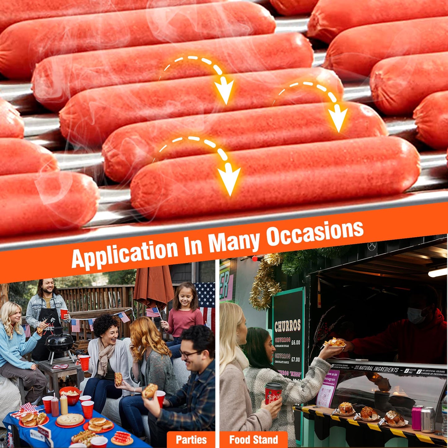 ACONEE Hot Dog Roller, 9 Rollers 24 Hot Dogs Capacity 1650W Stainless Sausage Grill Cooker Machine with Removable Oil Drip Tray Dual Temp Control and Glass Hood Cover, Perfect for Commercial and Party