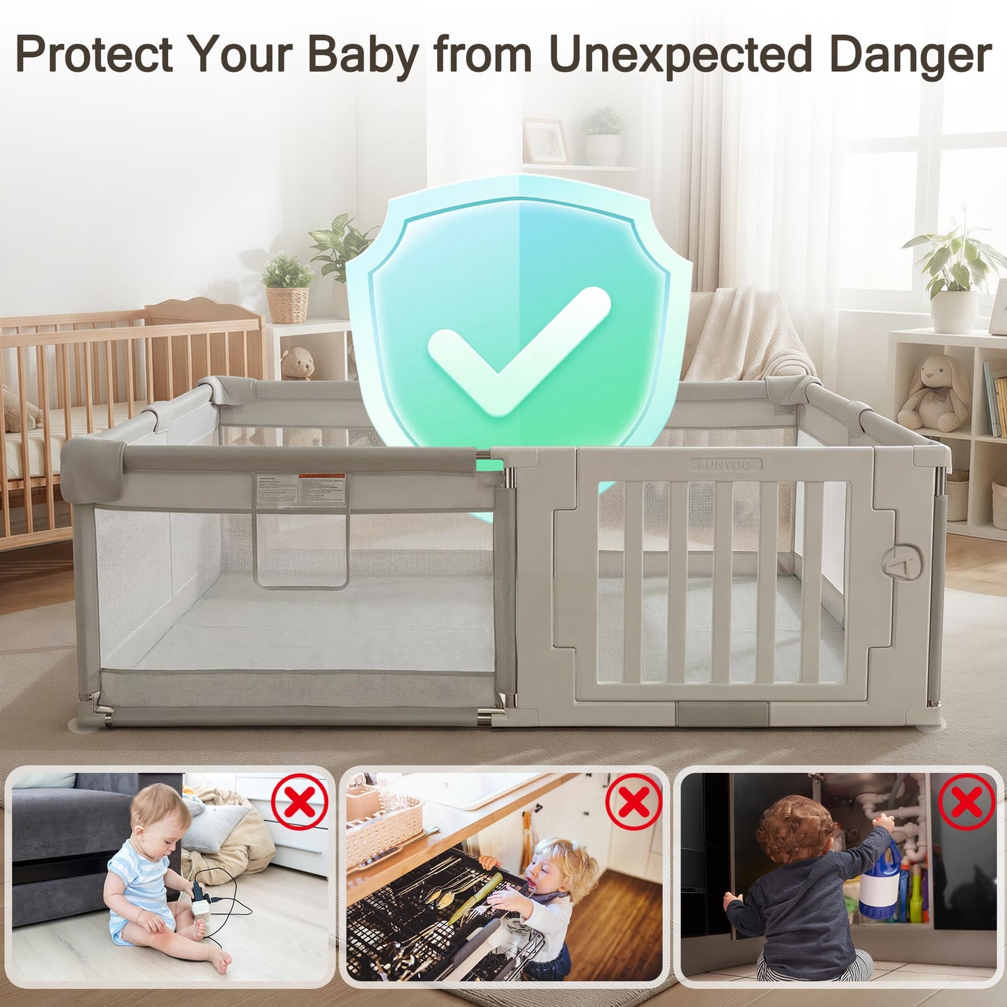 Funyoo 79" ×71" Baby Playpen with Gate, Large Baby Play Pen for Babies and Toddlers, Infant Fence Play Yard with Door for Living Room, Anti-Fall, Breathable Mesh
