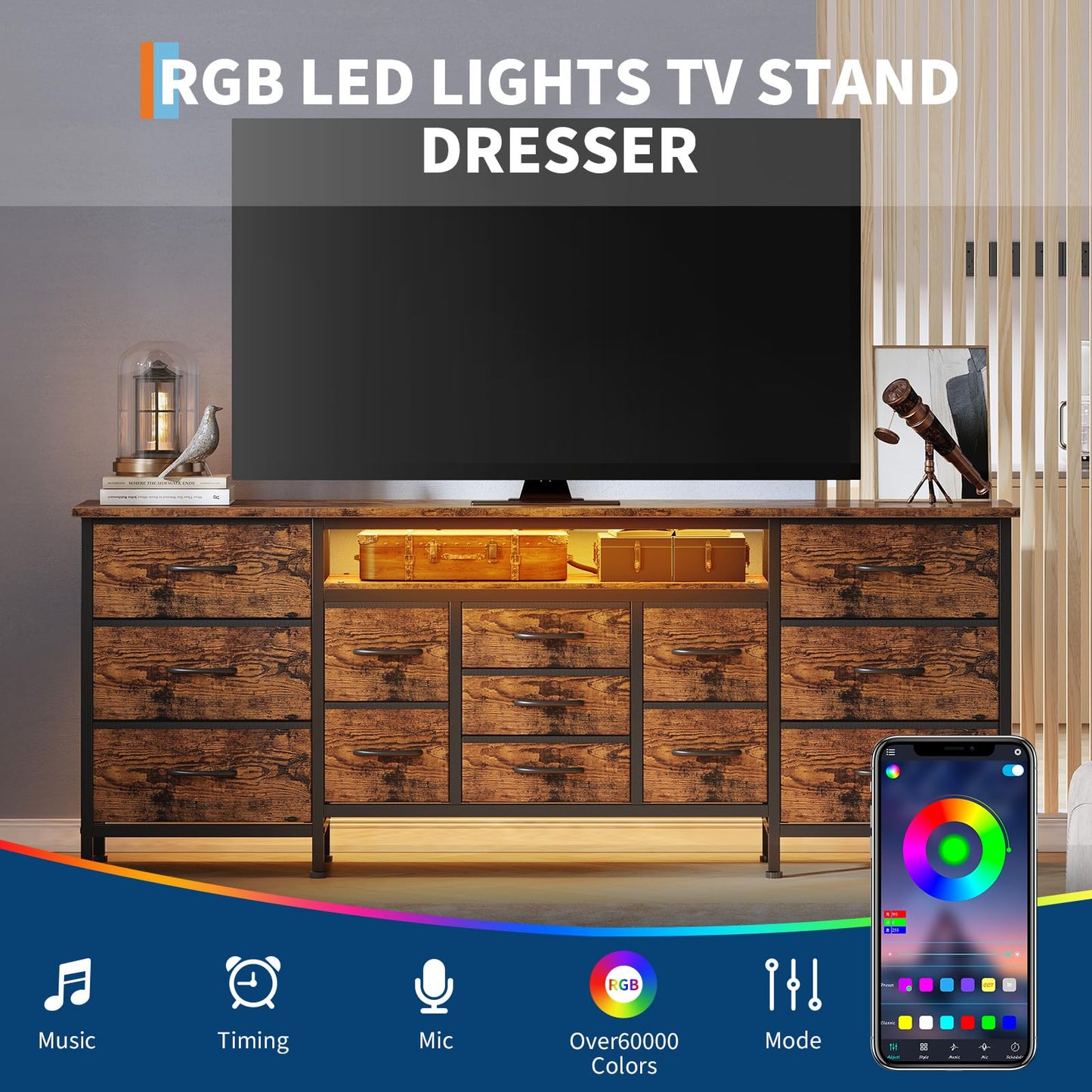 LED TV Stands for Living Room, 70 Inch Dresser TV Stand for 65, 75, 80 Inch TV,TV Stand with Storage, Entertainment Center with Power Outlets, 13 Drawer Fabric Dresser for Living Room, Bedroom