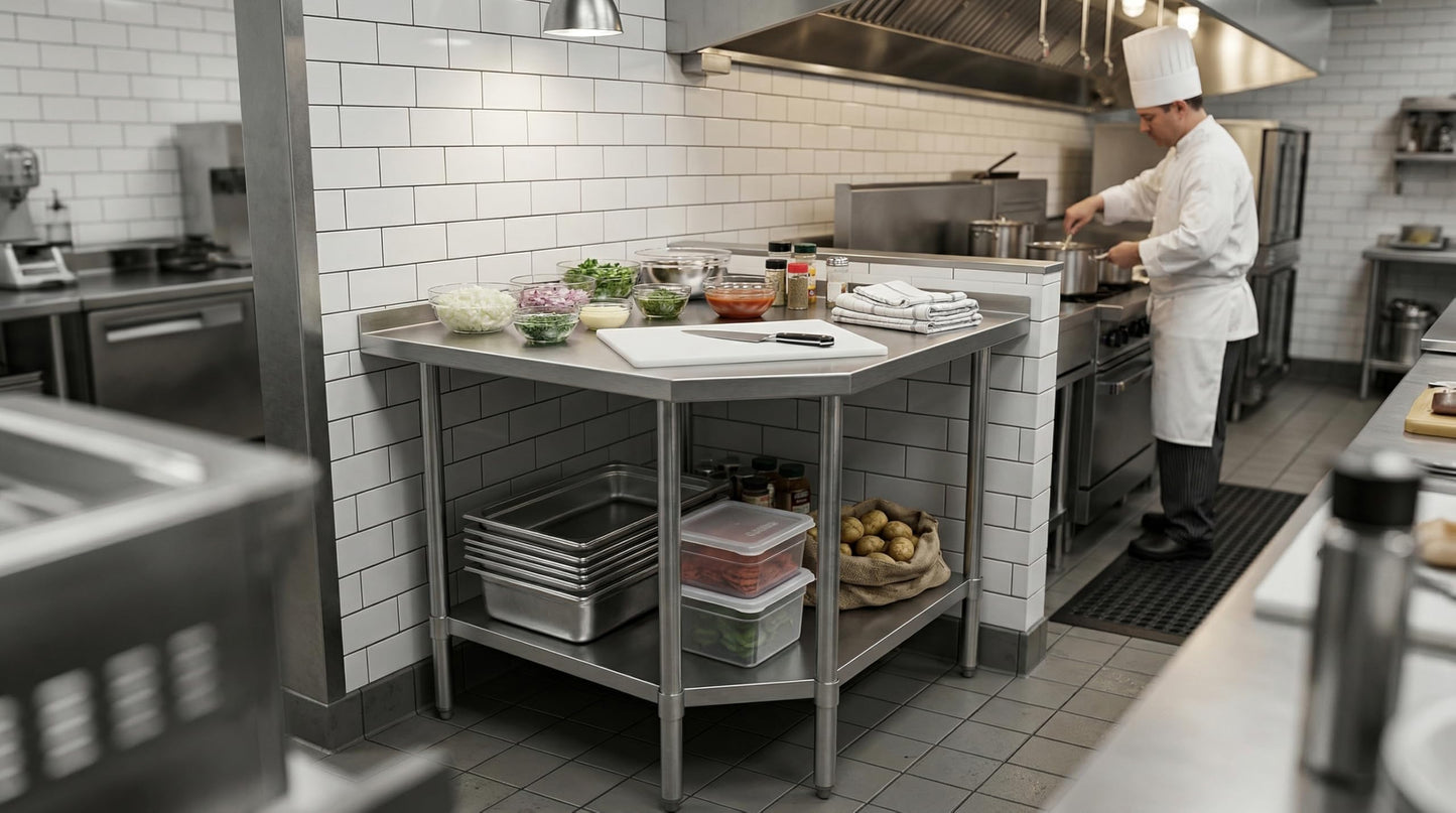 Stainless Steel Corner Work Table 30 in. x 30 in. x 35 in. with 1.5in. Backsplash, Galvanized Undershelf, 5 Leg Support, Commercial Prep Table for Restaurant Kitchen Utility