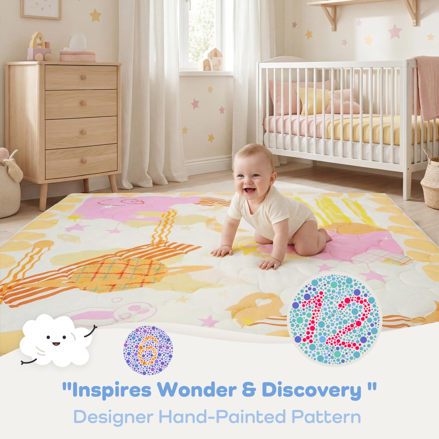 PaPaMat Baby Play Mat 1.5" Thick 59x71 Removable & Machine Washable Cover Playmat Softness Foam Mats, Easy-Clean Hygienic, Comfort Safety Kids Crawling (Wonder Space)