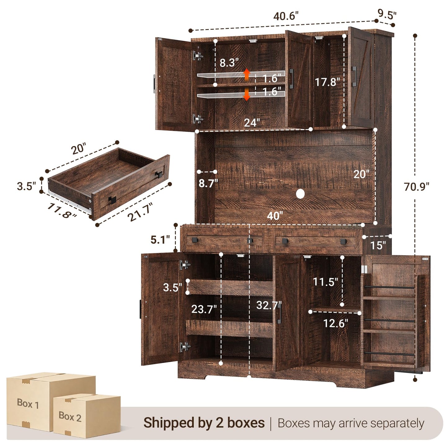 ELYKEN 71" Tall Ktchen Pantry Cabinet with Charging Station & LED Lights, Farmhouse Kitchen Hutch Cabinet with Large Countertop for Dining Room Living Room, Brown