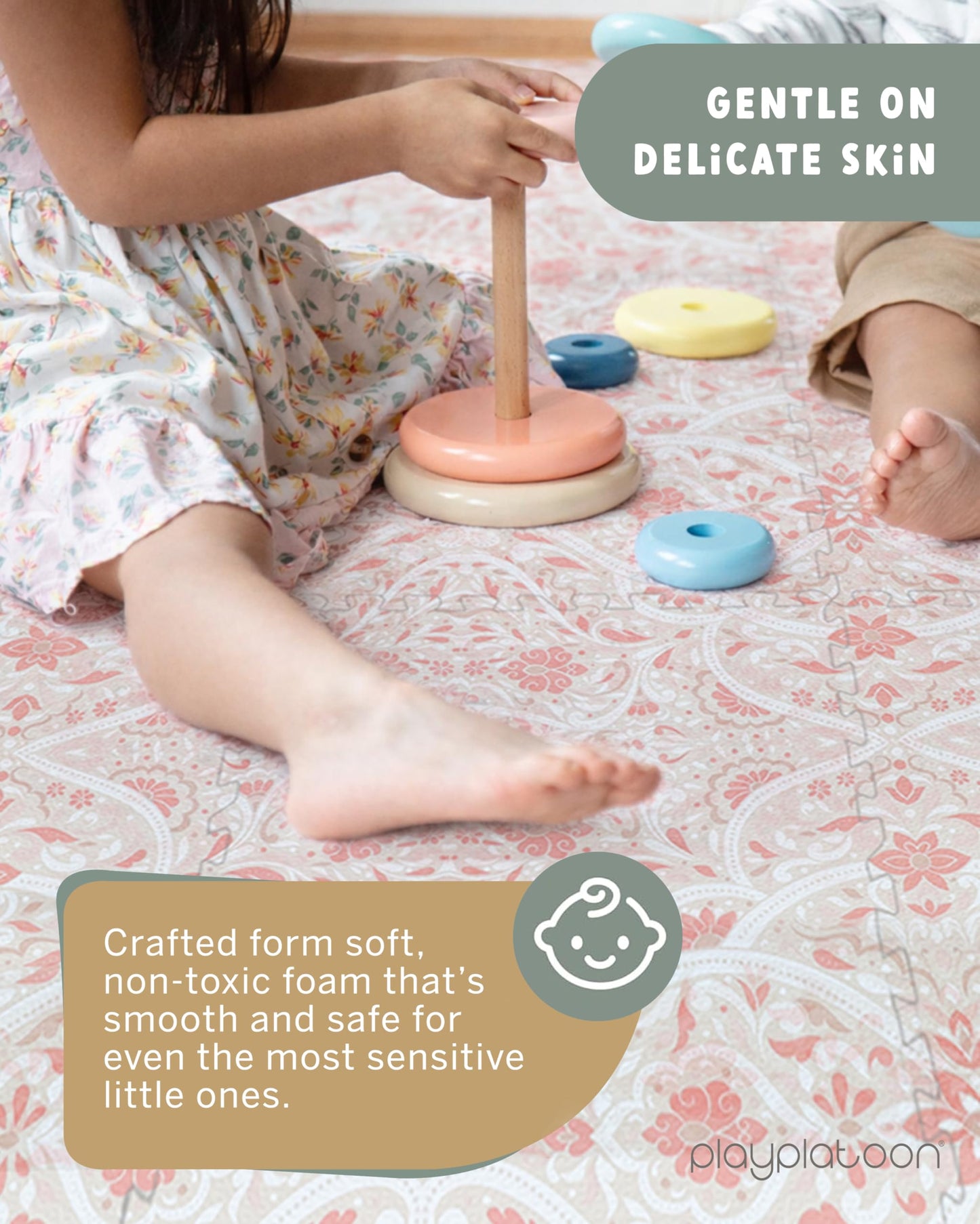 Play Platoon Non-Toxic Large Baby Play Mat for Floor, 16 Tile 96 x 96 inch - Extra-Thick Interlocking Foam Floor Tiles 24 x 24 in Puzzle Mat Pieces with Border, Playmat for Toddlers & Children - Petal