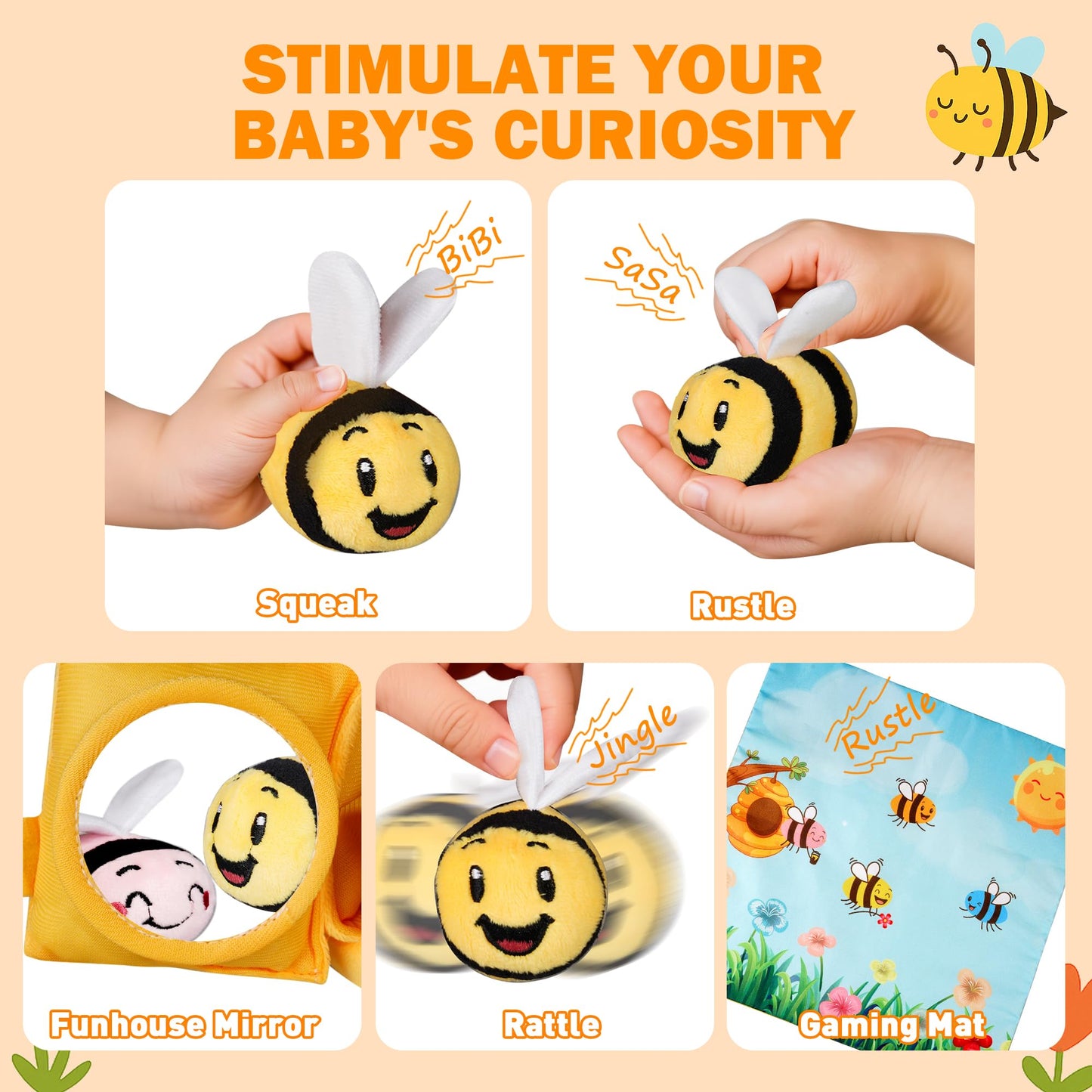 Sortnic Baby Toys 6-12 Months, Soft Beehive with 4 Sensory Bees, Map Pad, Rattle, Crinkle Paper, Squeaker, Mirror, Busy Montessori Toy for 0-3 Years Old, Infant Toys Baby Easter Basket Stuffers Gifts