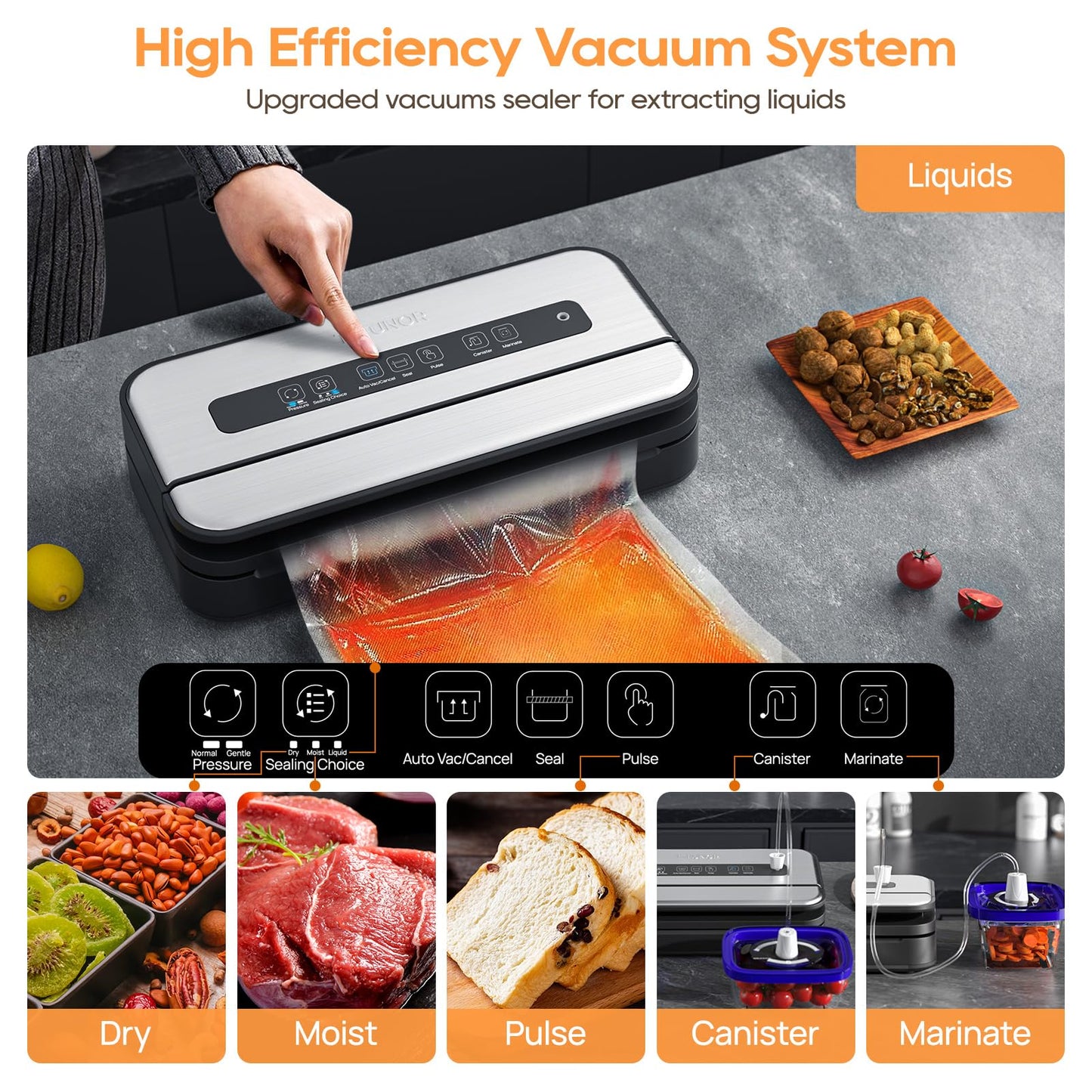 Vacuum Sealer Machine, 90Kpa Food Vacuum Sealer Machine Preservation Dry/Moist/Liquid Modes, LED Indicator Light, Handle Locked Design, Built-in Cutter and Bag Storage, Starter Kit