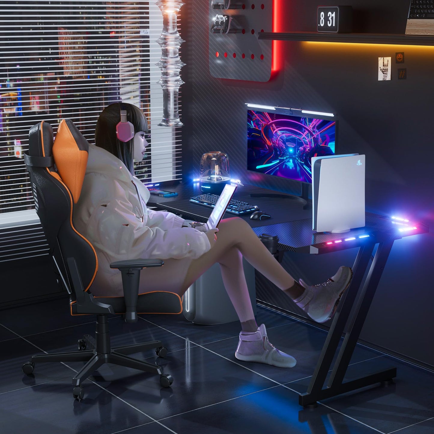 HLDIRECT 55 Inch Gaming Desk with LED Lights Carbon Fibre Surface Gaming Table Large Computer Desk Ergonomic Home Office Desks Z Shaped PC Gamer Workstations with Cup Holder & Headphone Hook Black