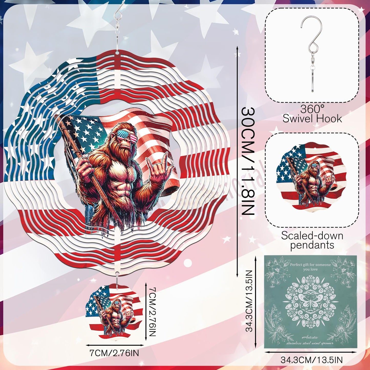 Big Foot Wind Spinners Outdoor - Bigfoot Gifts for Men, Bigfoot American Flag Wind Chime for Outside, Hanging Metal Wind Sculptures for Garden Indoor Patio Lawn Yard, Veterans Day