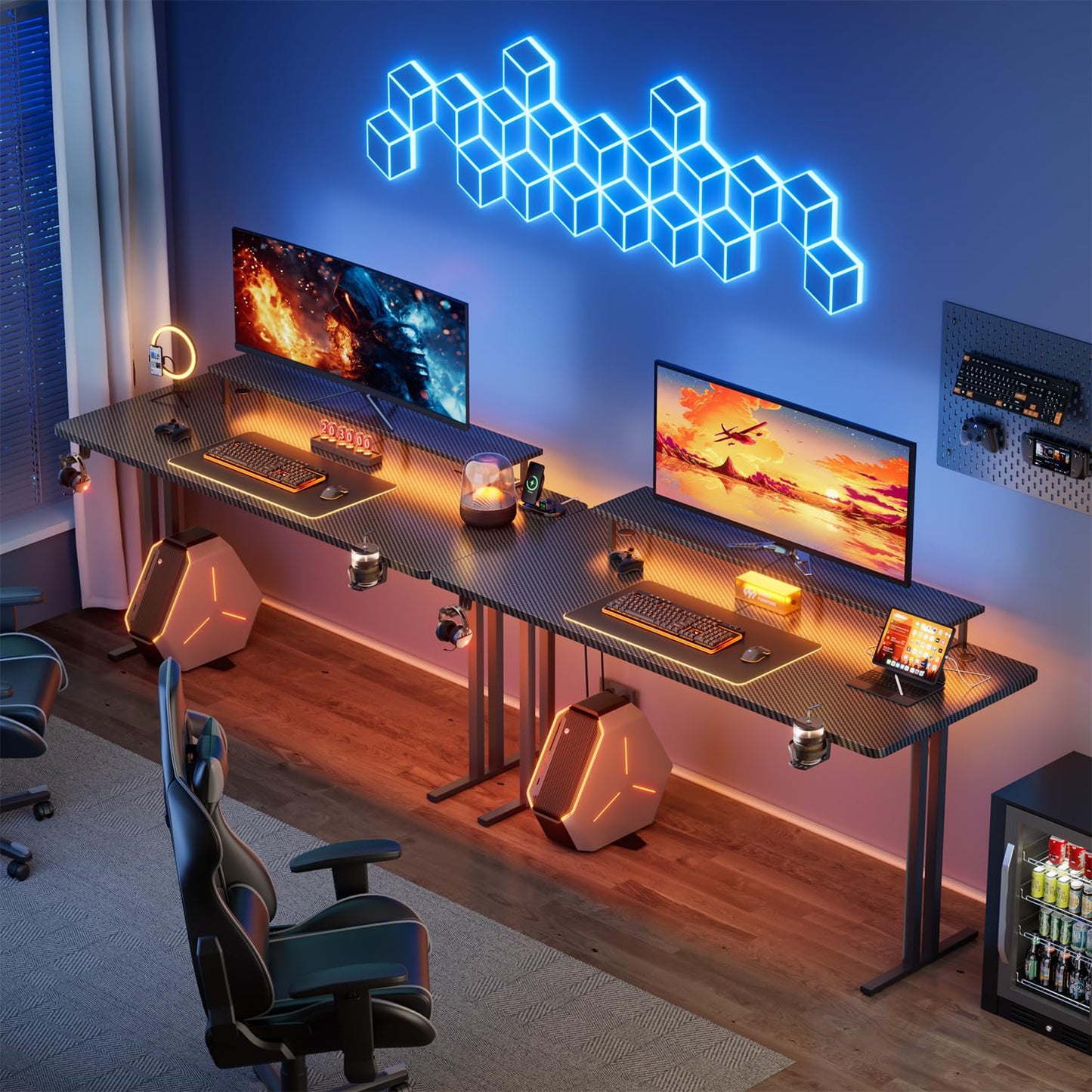 HLDIRECT 47 Inch Gaming Desk with 5 Sockets & LED Lights, Computer Gamer Desk with Monitor Stand, Ergonomic Carbon Fiber Gaming Table Home Office Desk with Cup Holder, Headphone Hook & Mouse Pad