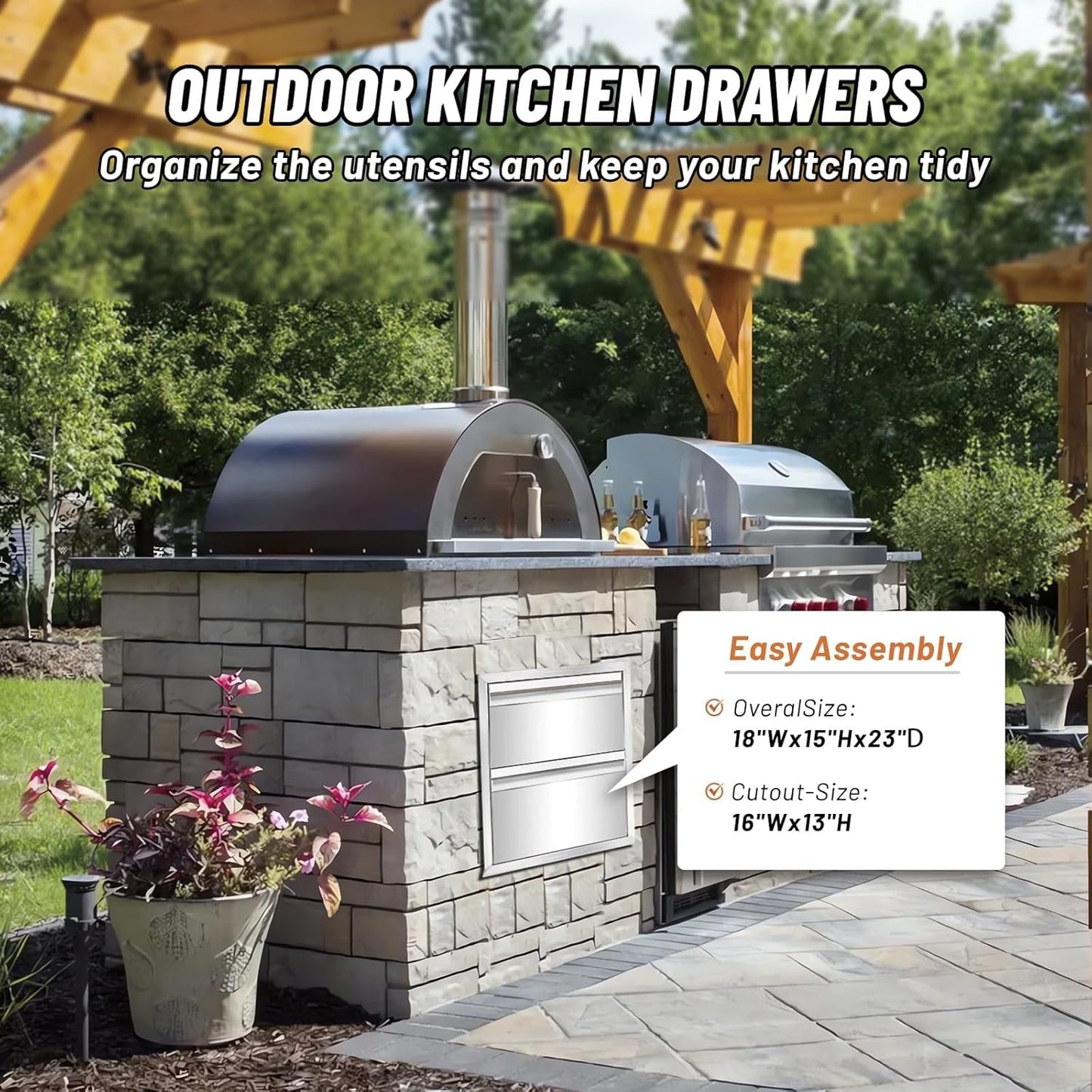 yuxiangBBQ Stainless Steel Outdoor Kitchen Double Drawer, 18W 15H 23D Double Wall Kitchen Cabinet Grill Station or Grill Island
