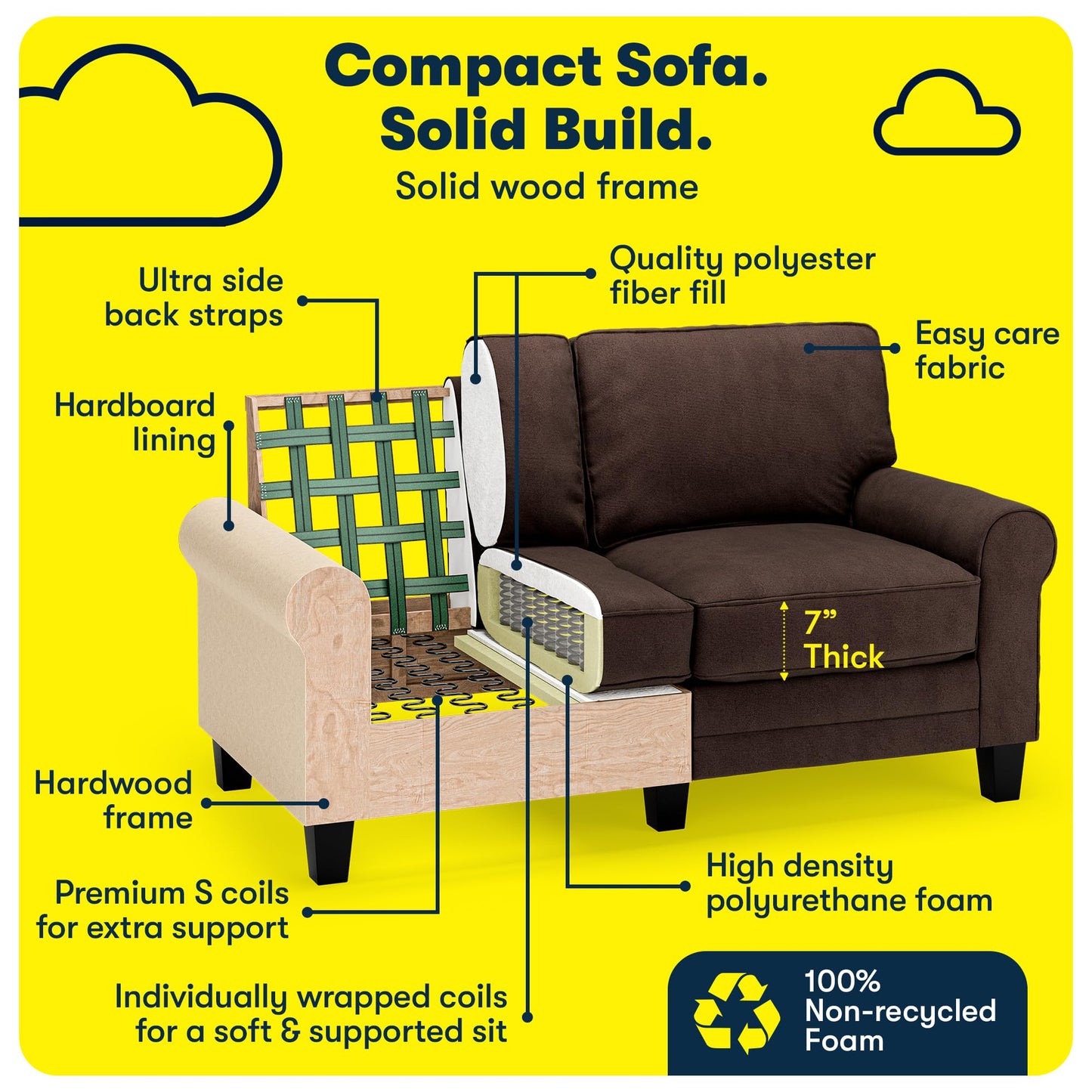 Serta Copenhagen 61" Rolled Arm Sofa, Easy Care Polyester, Soft Pillow Back, Pocket Coil Seat Cushions, Removable Covers, Loveseat or Couch for Small Spaces, Living Rooms or Bedrooms, Brown