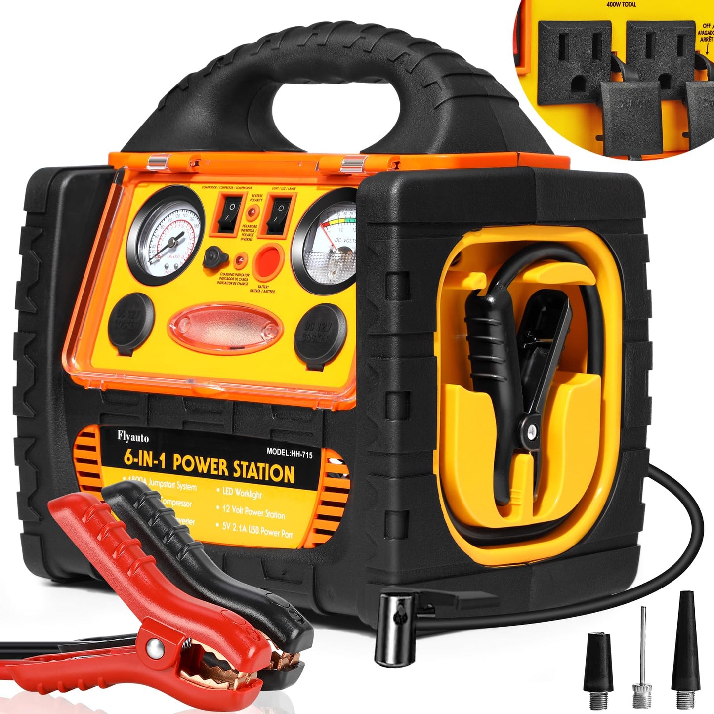 6 in 1 Jump Starter with Air Compressor 150 PSI Tire Inflator,Upgraded 1800A Peak 12V Portable Car Battery Jump Starter,400 Watt Inverter Power Station with AC/DC/USB Outlets (8.0L Gas/6L Diesel)
