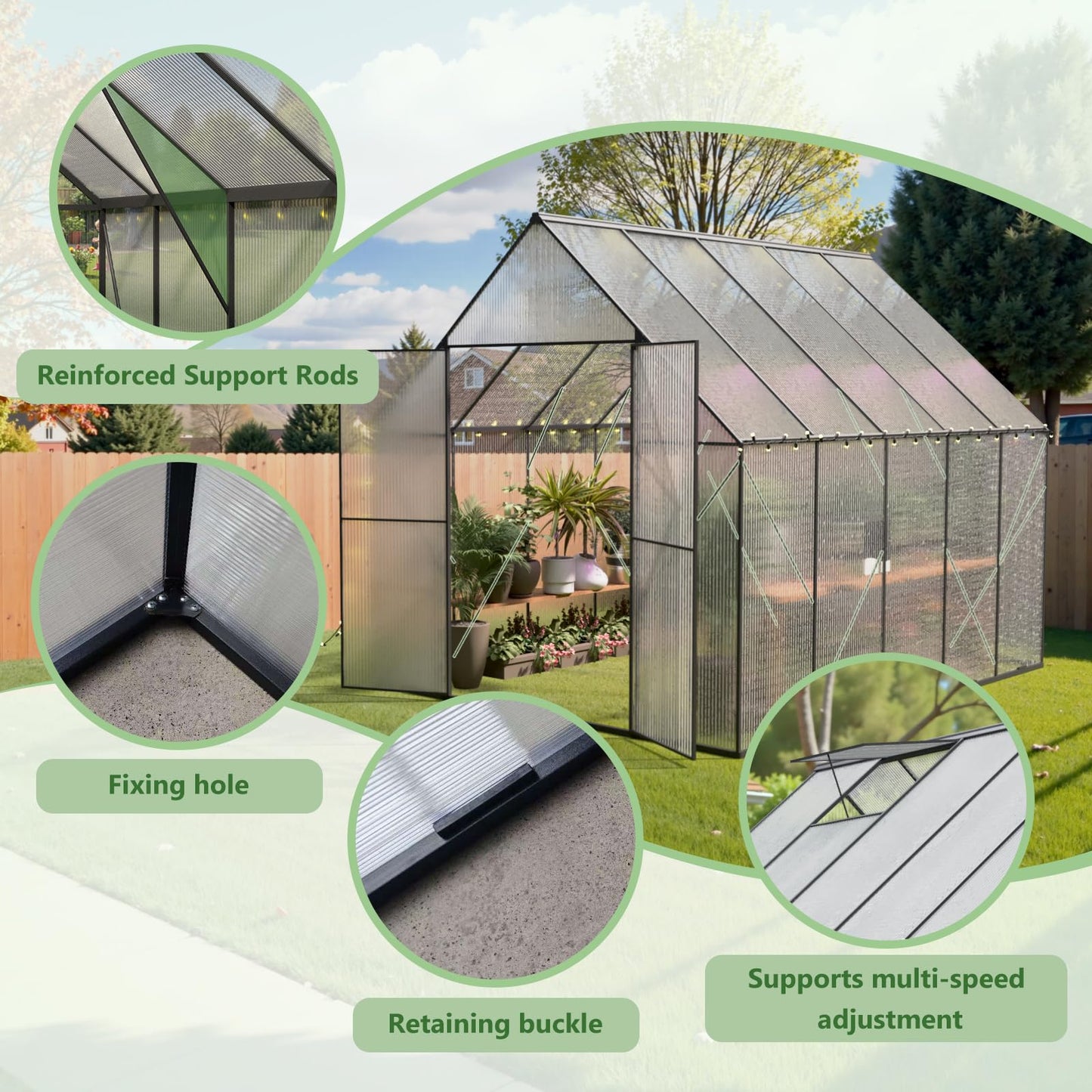 Greenhouse for Outdoors, Heavy Duty Polycarbonate Greenhouse, Walk in Greenhouses for Outdoor Garden Backyard with Roof Vent (8x10 FT)