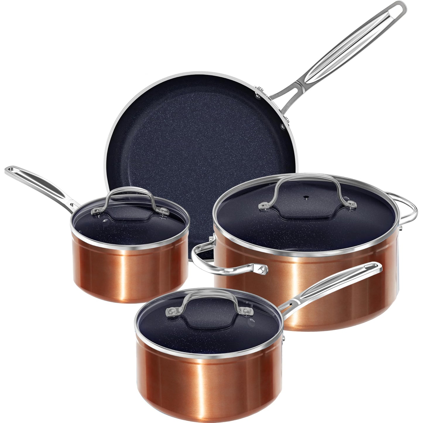 Nuwave 7pc Cookware Set Healthy Duralon Blue Ceramic Nonstick Coated, Diamond Infused Scratch-Resistant, PFAS Free, Oven Safe, Induction Ready & Evenly Heats, Tempered Glass Lids & Stay-Cool Handle