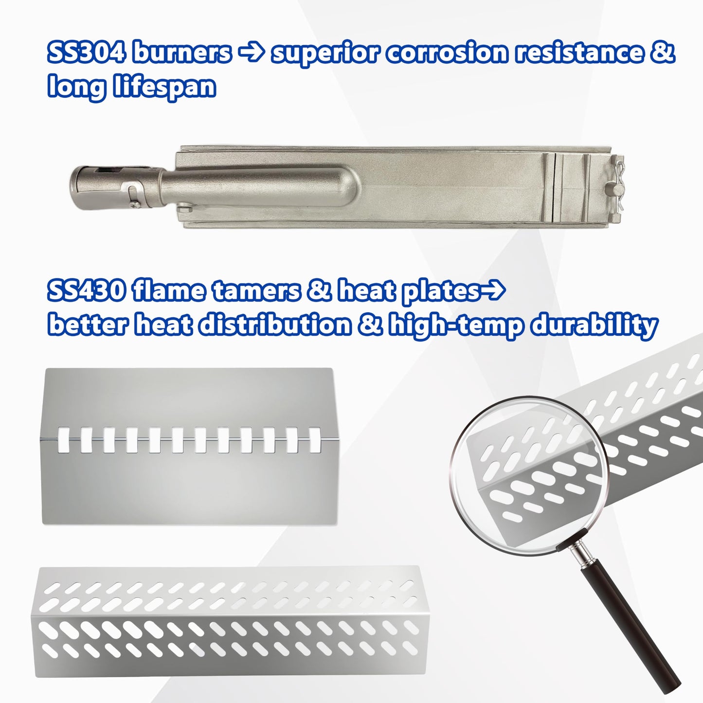 4-Pack 16516 Stainless Steel Burners 16 1/8", 4-Pack 16631 Flame Tamers, and 3-Pack 16520 Heat Plate Shields, Grill Replacement Parts Compatible with Bull, Lion, and Cal Flame 4-Burner Gas Grills