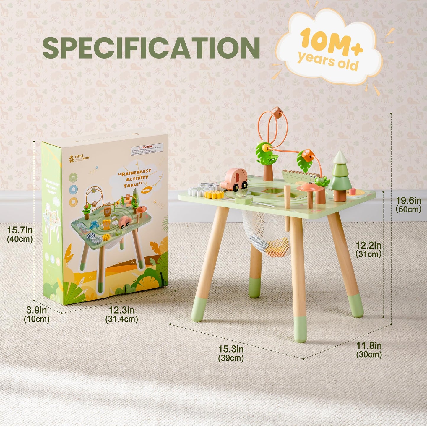 ROBUD Activity Table, 11-in-1 Montessori Learning Table with Bead Maze, Gears, Track, Shape Matching, Storage & More, Wooden Montessori Toys for Toddler, Educational Gift for Baby Boys Girls, Green