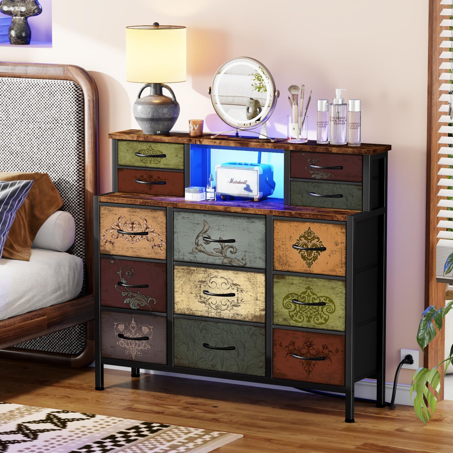 VASICAR Dresser for Bedroom with 13 Drawers 2 Open Shelves, Fabric Storage Dresser, Chest of Drawers, Pattern Organizer for Closet, Bedside, Living Room, Entryway, Hallway