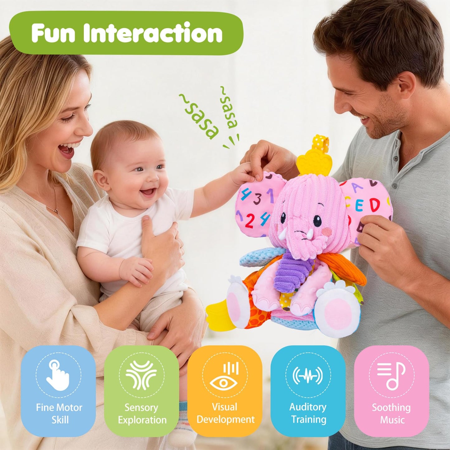 Baby Girl Toys 0-6 6-12 Months, Sensory Musical Toddler Toy for 3 4 5 6 7 8 9+ Months, Pink Elephant Plush Infant Toy with Teether, Crinkle, Rattle Baby Mirror for Tummy Time Newborn