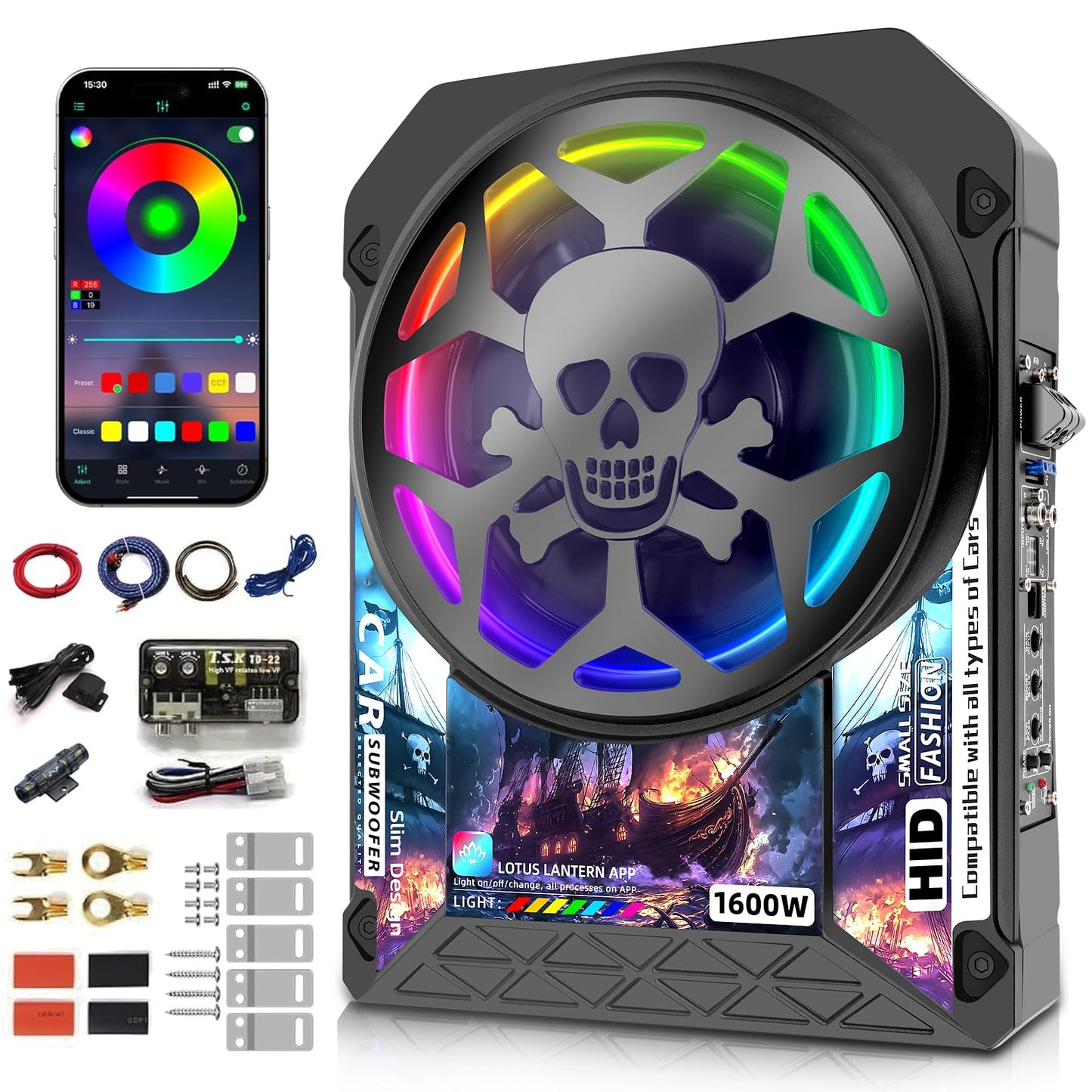 UPWINGSPIRAL 2026 Upgraded 1600W 10" Car Subwoofer, Slim Under Seat Powered Car Subwoofer and Amp Package with RGB Light, Car/Truck Audio Sub Built-in Amplifier amp Combo Package, Clean Deep Bass