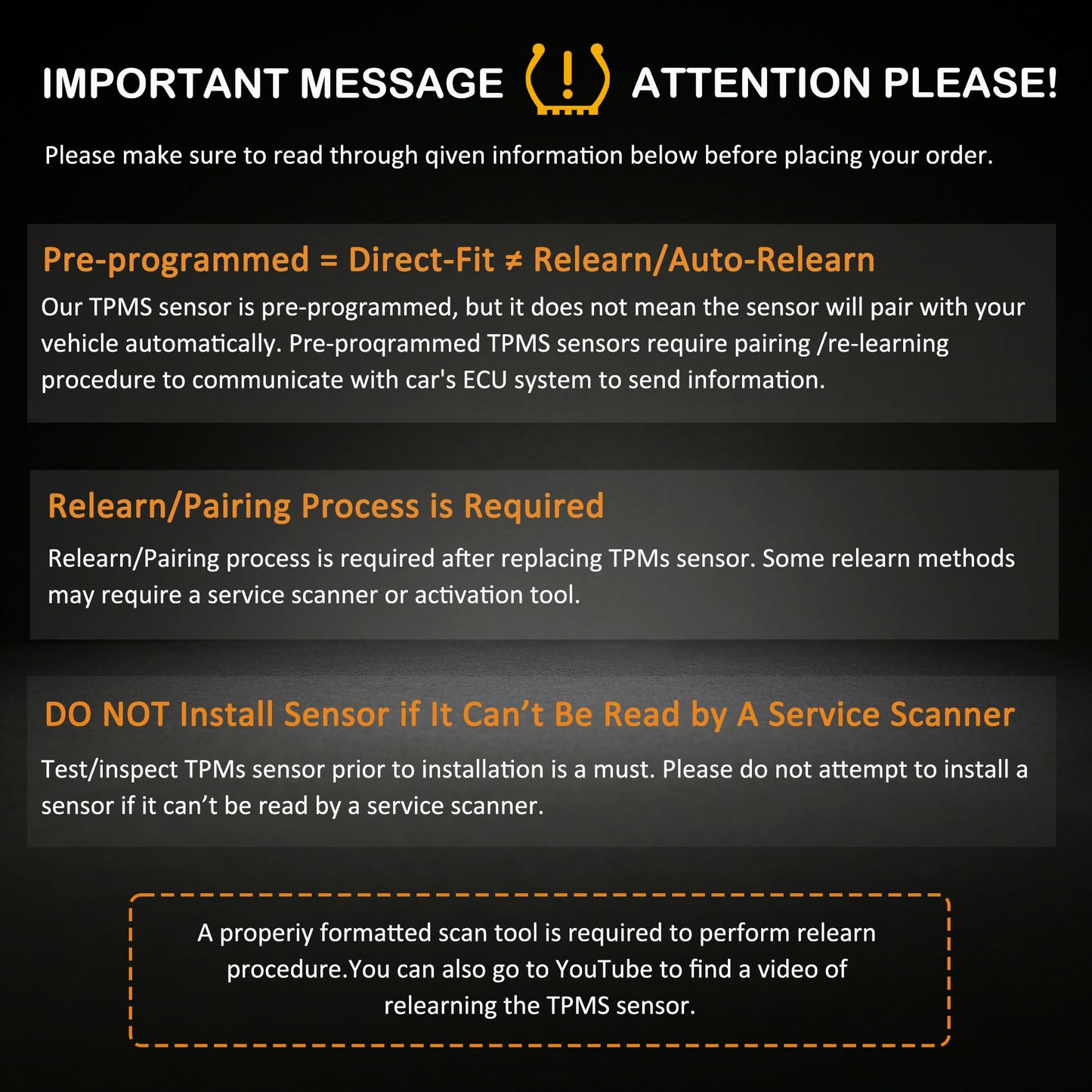TPMS Sensor Tire Pressure Sensor TPMS Sensors Set of 4 315MHz Compatible with Ford Lincoln Mercury Replaces DE8T-1A180-AA 9L3Z-1A189-A CM5T-1A180-AA