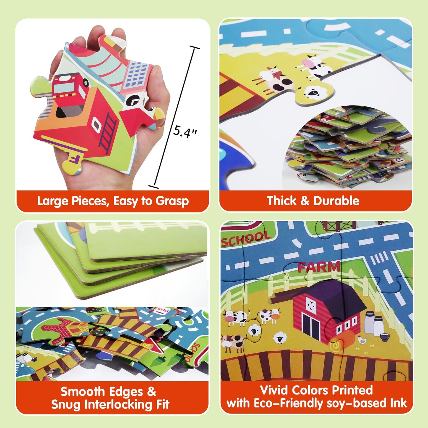 Beeqoo City Adventure Giant Floor Puzzle for Kids Ages 3-8 - 60 Piece Large Piece Puzzles- Town Map with Race Tracks & Train Tracks - Storytelling Educational Preschool Toy for Toddlers Ages 3+