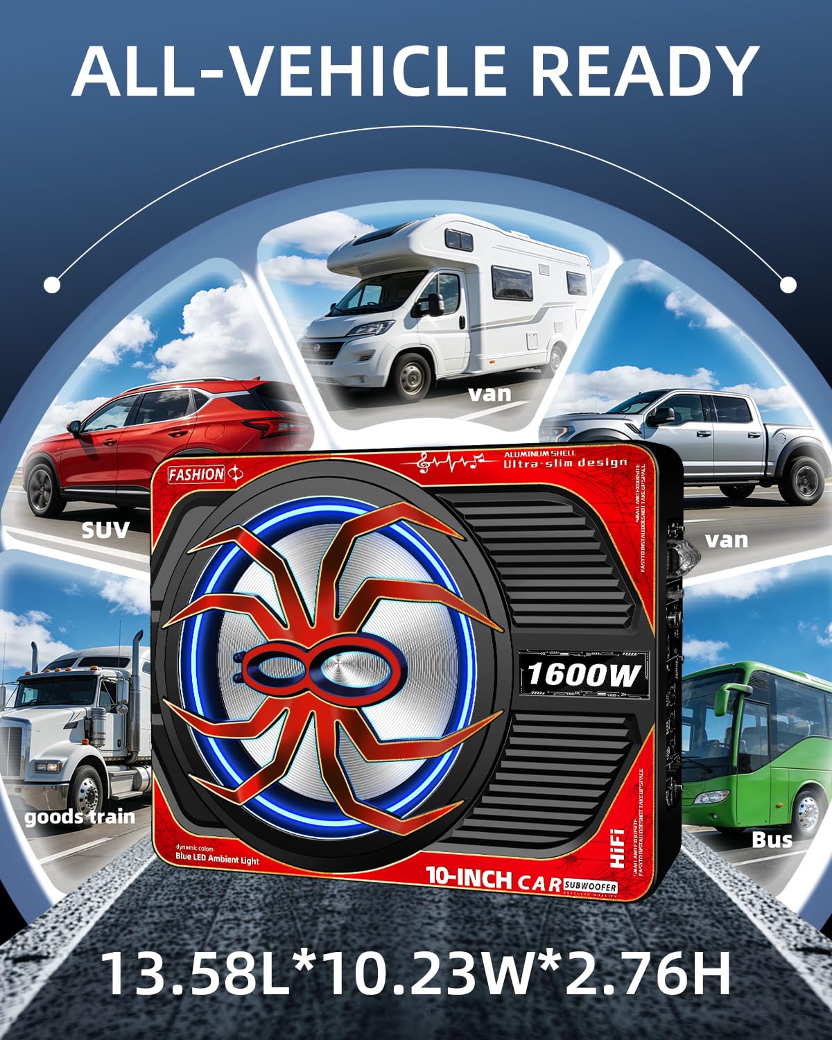 TZGBASS 1600W Slim Underseat Car Subwoofer and Amp Package, Powered Subwoofer with Built-in Class D Amplifier, Subsonic Deep Bass, LED Ambient Light Switch,Under Seat Subwoofer for Truck SUV Car Audio