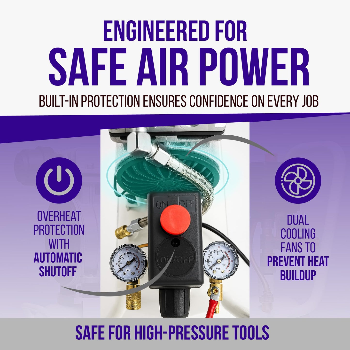 Brevix 6.3 Gallon Ultra Quiet Air Compressor, 2HP 3.35 CFM@ 90PSI Pressure | 2800 RPM Oil-Free Portable Steel Tank filled in 60s, 60dB Quiet Compressor for Airbrush, Tire Inflation & Tools, 110V/60hz