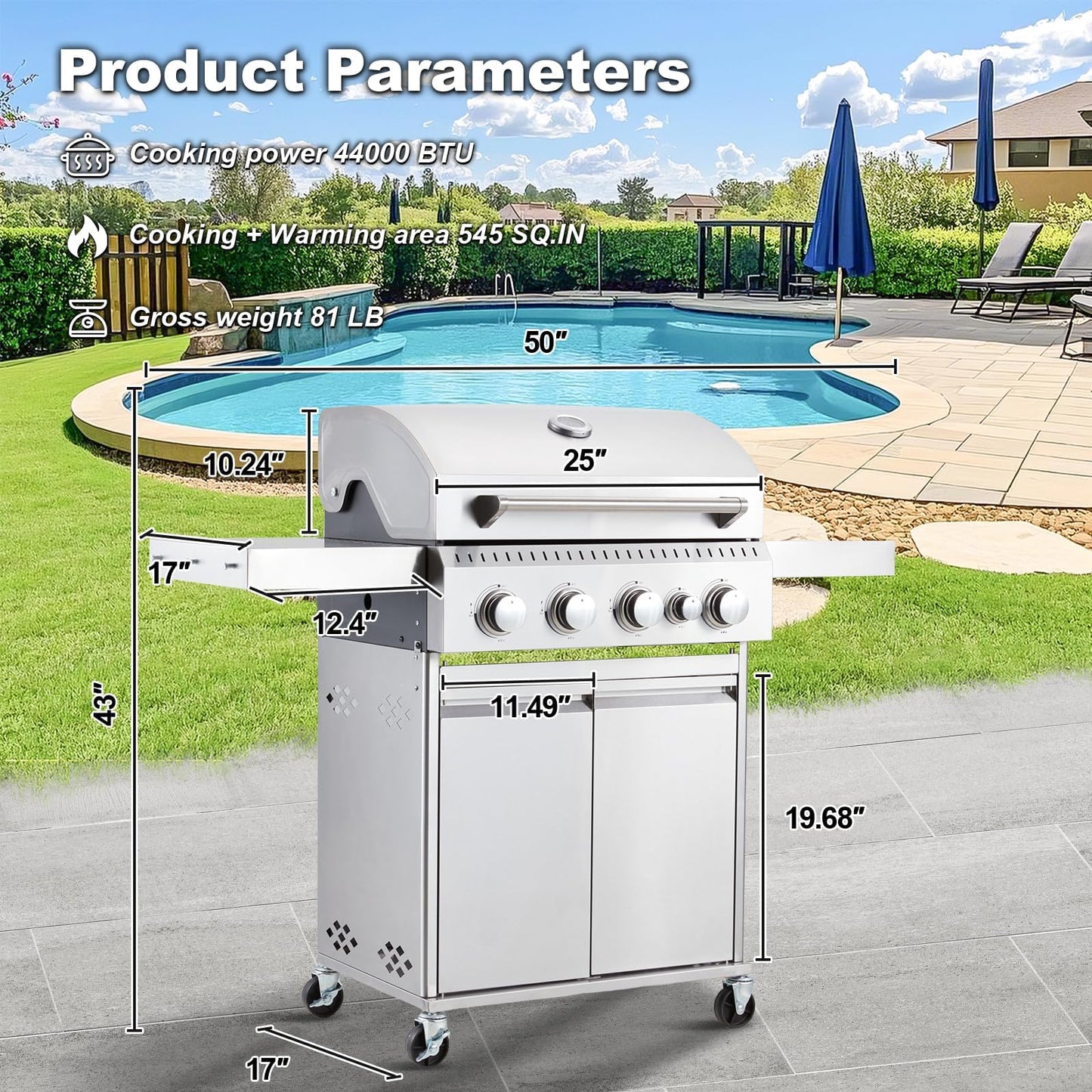 MELLCOM Stainless Steel 4 Burner BBQ Propane Gas Grill with Cast Iron Grates & Side Stove, Stainless Steel 44000 BTU Burner Barbecue Grill for Patio,Camping, Outdoor Cooking