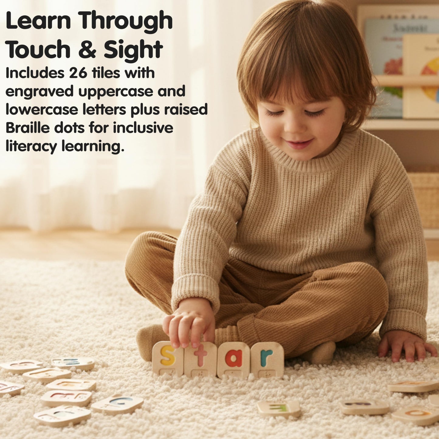 PlanToys Braille Alphabet A-Z Braille-Reading Alphabet Learning Toys - 26 Sustainably-Made Traceable Wooden Tiles with Upper and Lower Case Letters and Braille