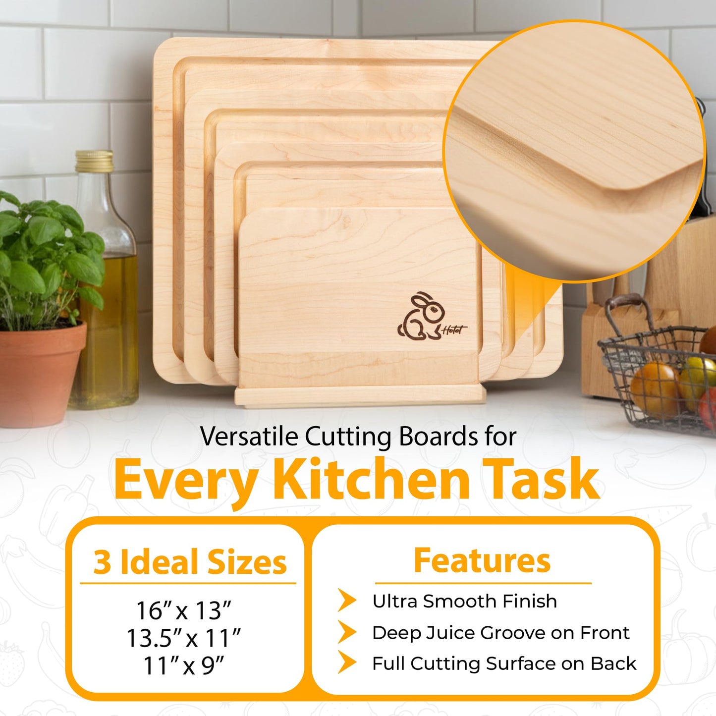 Hotot Home - HOMESTEAD 4 Piece Hardwood Maple Wood Cutting Board Set with Holder - Made in USA