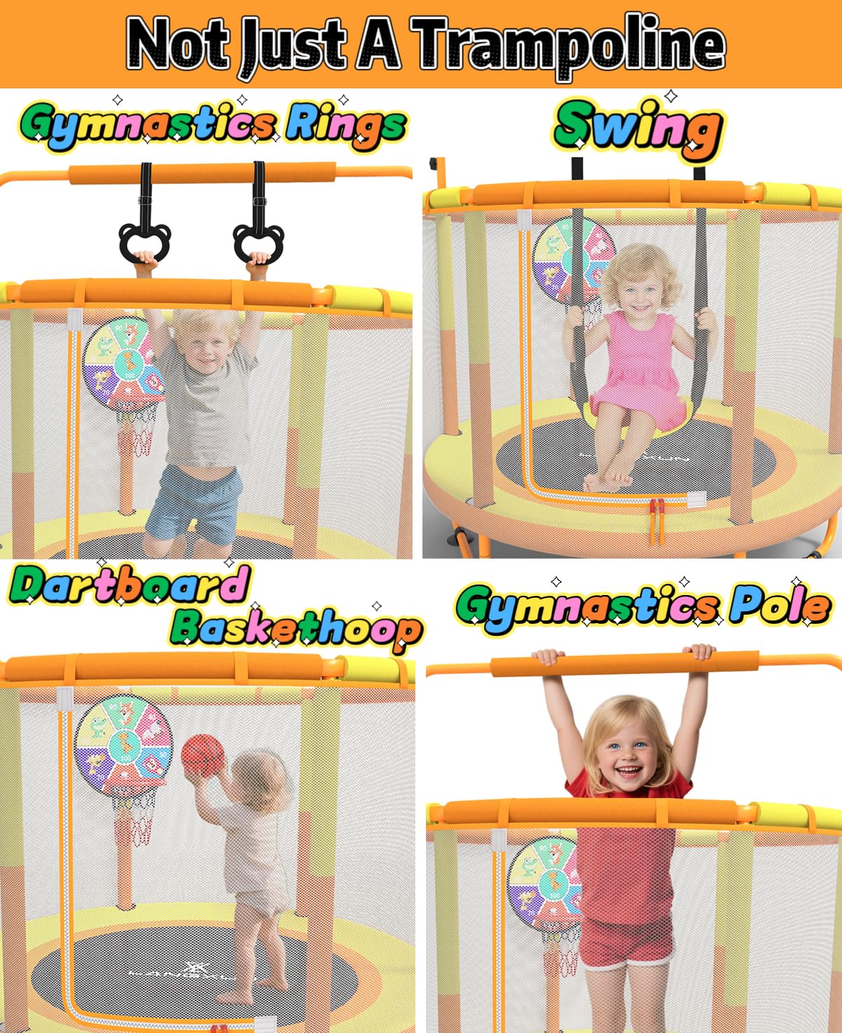 LANGXUN 60" Trampoline for Kids, 5ft Toddler Mini 6-in-1 Trampoline Indoor Outdoor with Swing, Basketball Hoop, Dart Board, Rings, Christmas Toys Birthday Gifts for Girls Boys