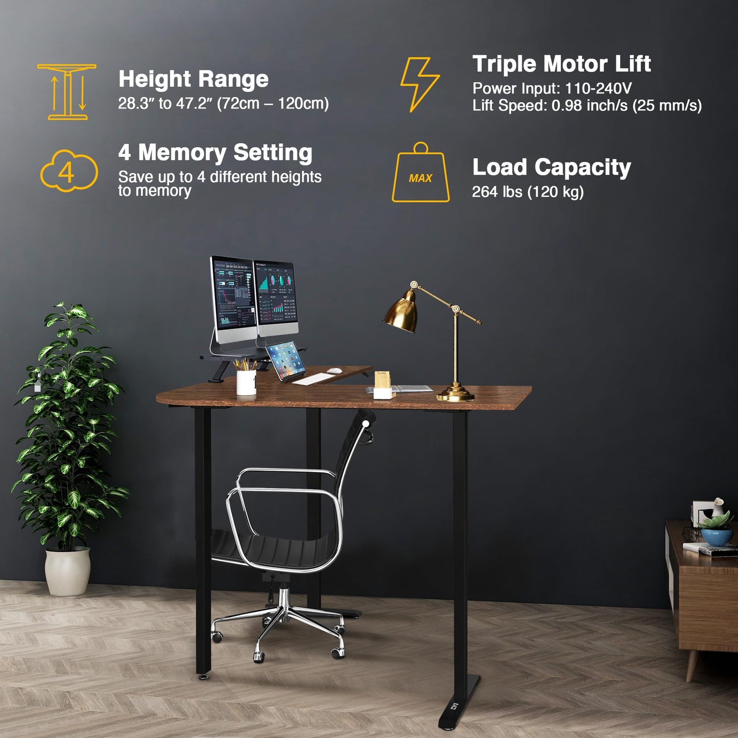 AVLT 47″ Electric L-Shaped Standing Desk (65 "x 70.9") – Motorized Triple-Motor Height Adjustable Sit-Stand Corner Workstation, Swappable Mid-Foot Design, Frame Only (Black)